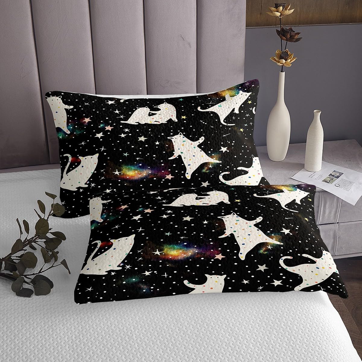 Erosebridal Little Cat Quilt Set Galaxy Bedspread Set Queen,Universe Stars Coverlet Set Cosmic Starry Sky Quilted,Cute Animals Kitten Room Decor