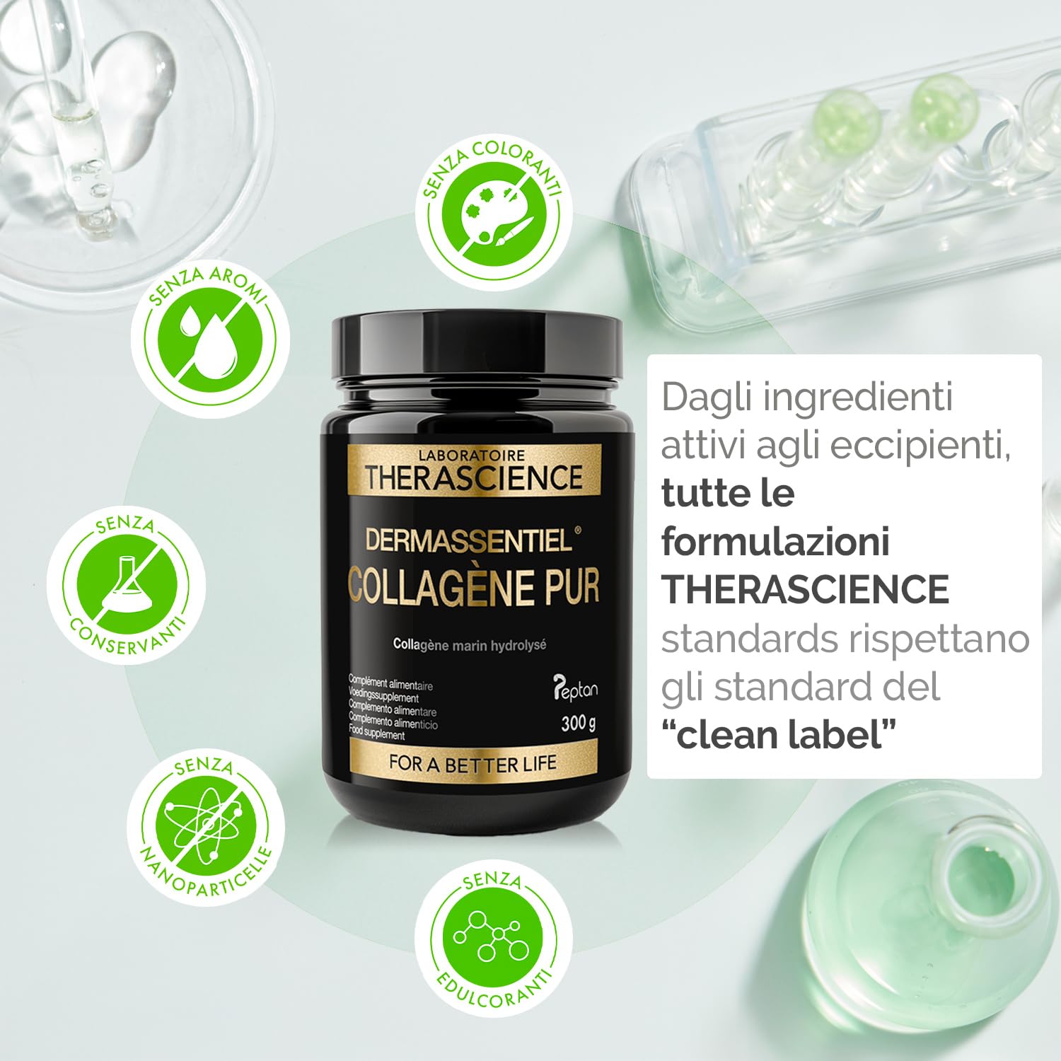 DERMASSENTIEL COLLAGENE PUR | Rimpolpa e Rassoda | Cura 50 giorni | Collagene marino idrolizzato Peptan® brevettato | Peptidi di collagene tipo I, efficacia clinica | Laboratoire THERASCIENCE