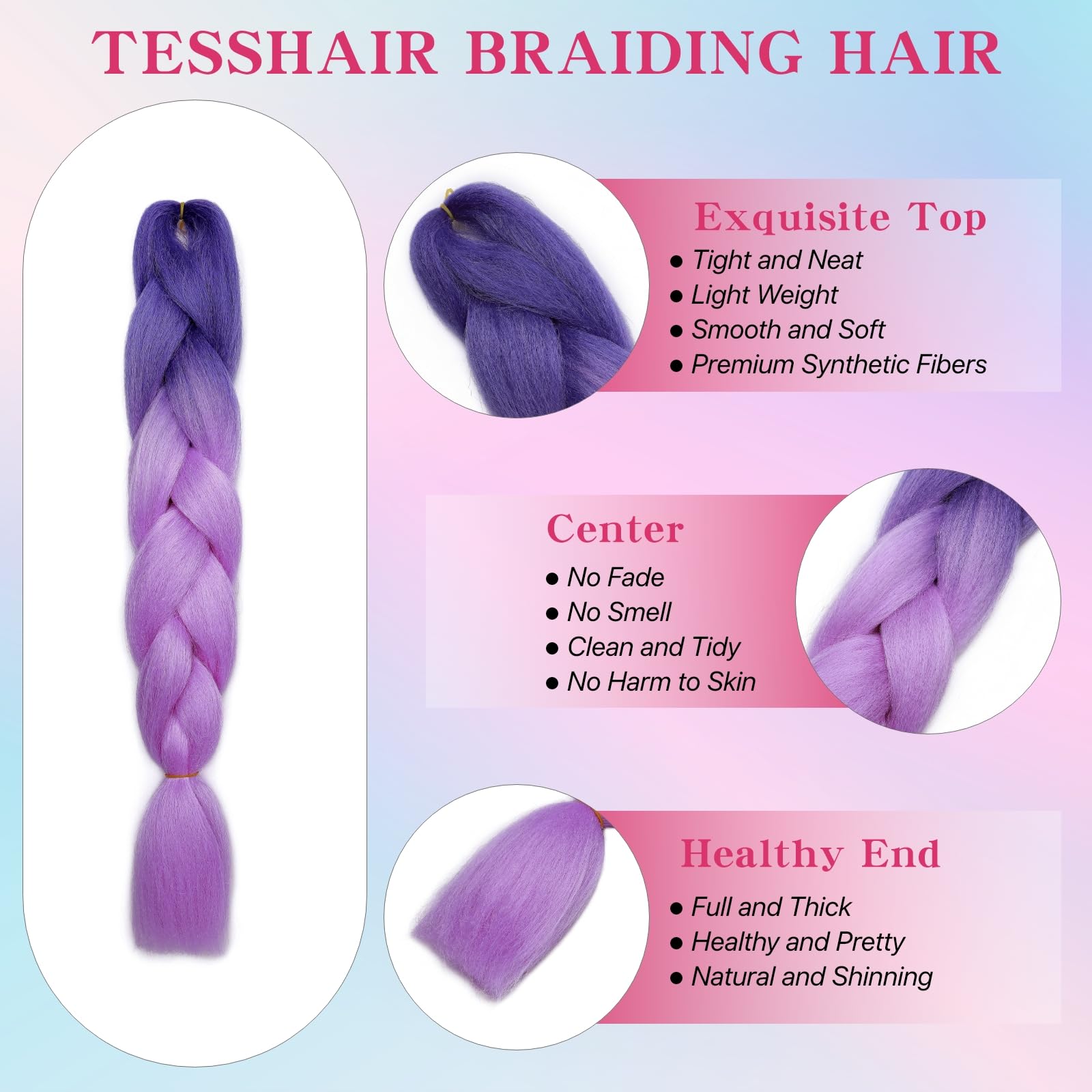 tesshair Braiding Hair Extensions 24 Inch Jumbo Braiding for Twist Braiding Synthetic Fashion Braids Extensions Hair Natural Braid Extensions for Women Grils (Dark Purple/Purple - Image 4