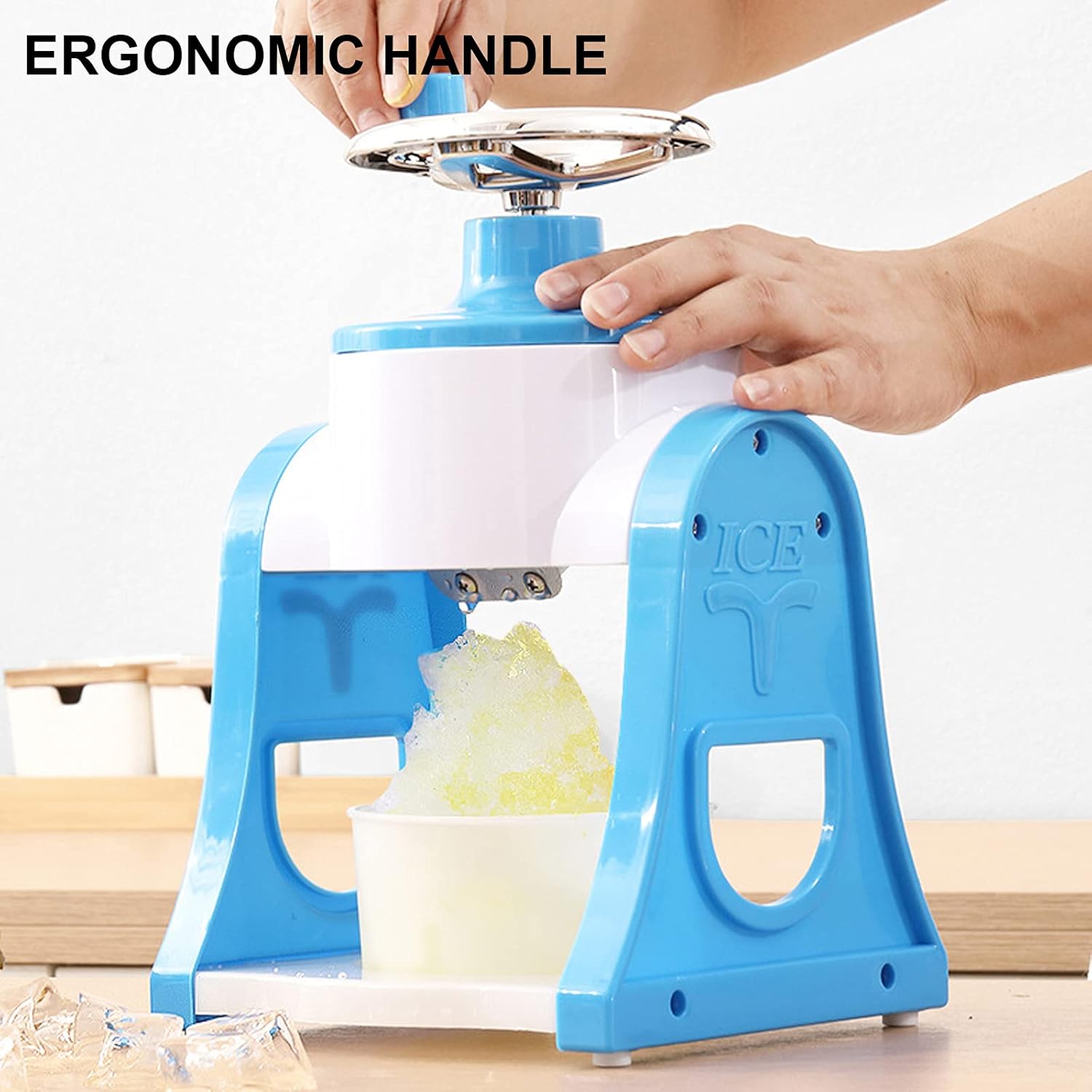 Hand Crank Ice Crusher Machine, Portable Manual Ice Shaver Crusher with Food Grade Abs Resin Material, Ice Cube Crusher, Anti-slip Mat Design for Smoothie Shop, Meat Preservation (blue)