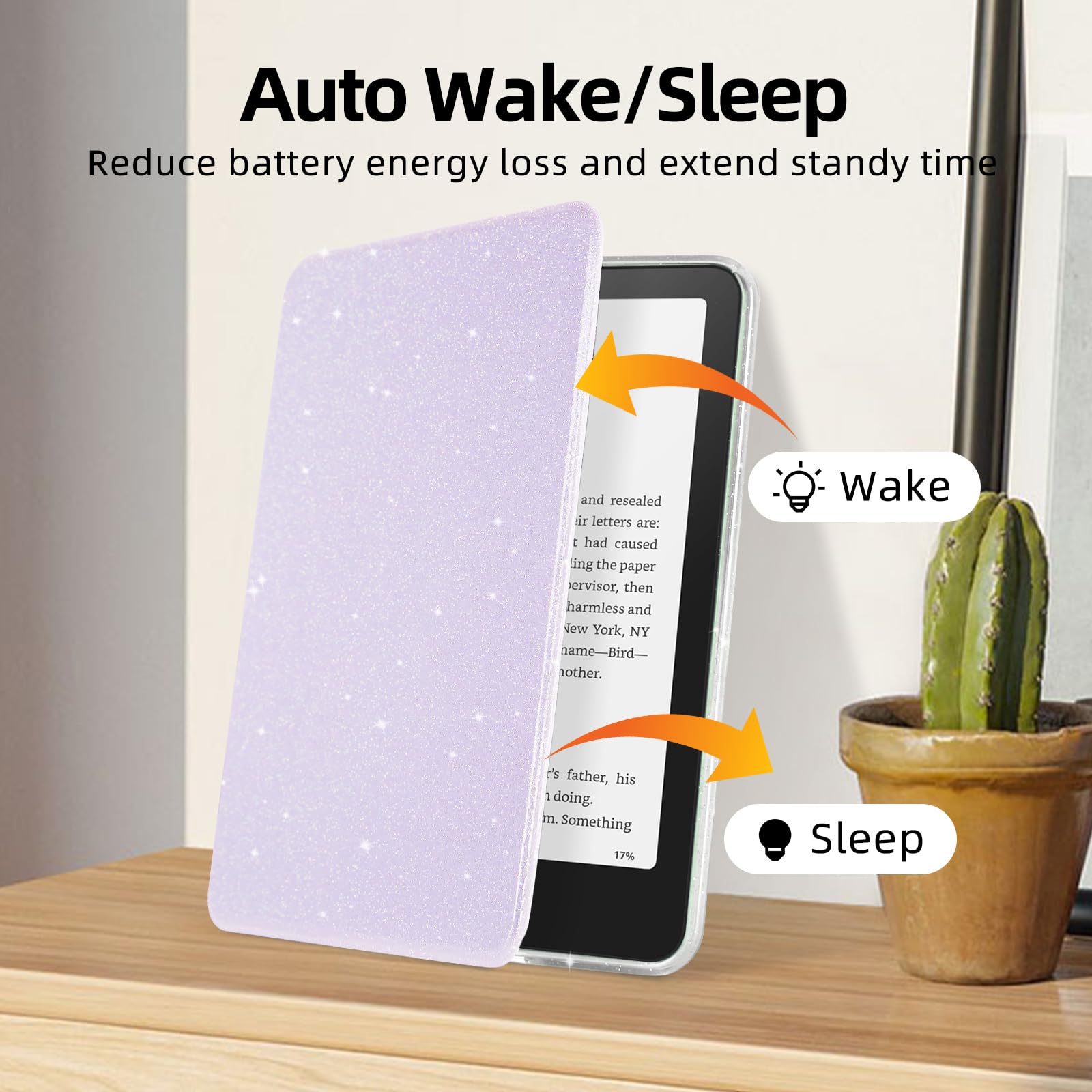 Glitzer-Schutzhülle für Kindle 11. Generation 2024/2022, 15,2 cm (6 Zoll), leichtes PU-Leder und transparente harte Rückseite, mit automatischer Sleep/Wake-Funktion, Glitzer-Violett