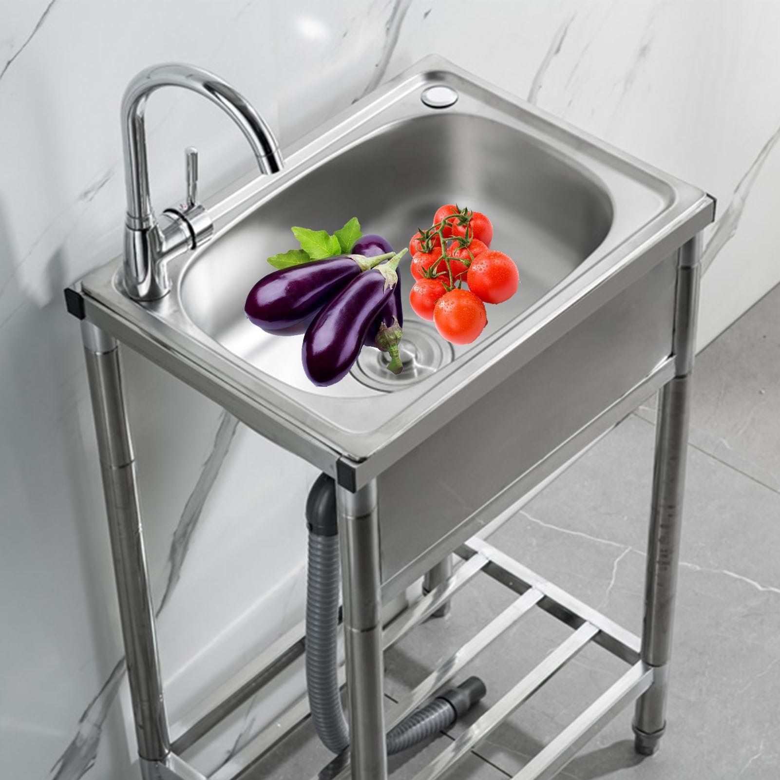 Lavello da Cucina,lavello Cucina per Catering,lavello in Acciaio Inossidabile,Indipendente,Commerciale,con Rubinetto Esterni/Interni/Garage/Lavanderia/ripostiglio (48×35×75cm)