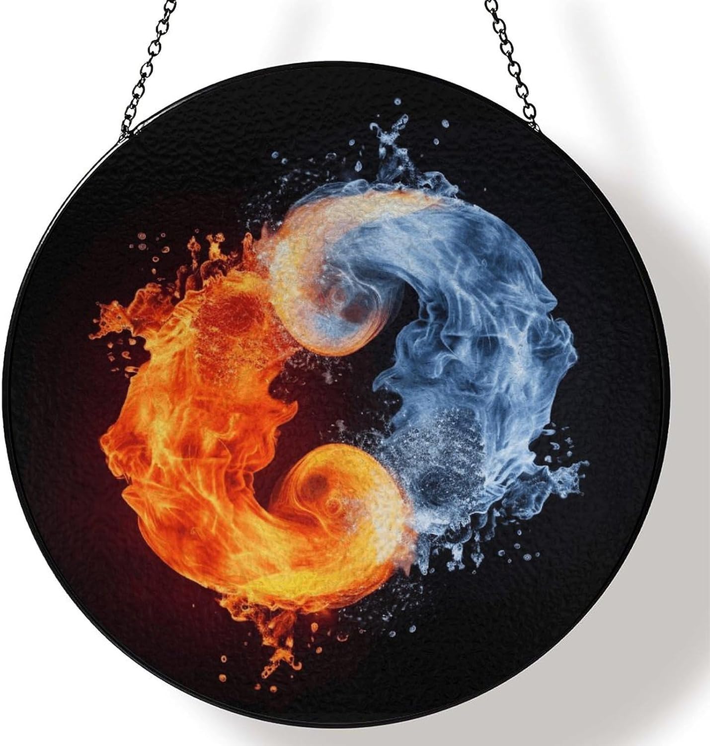 Stained Glass Window Hanging 30x30cm Window Suncatcher Glass Panel with Metal Chain Yin Yang Fire WaterSun Catchers Wall Art Home Decor Gift for Women Mother's Day