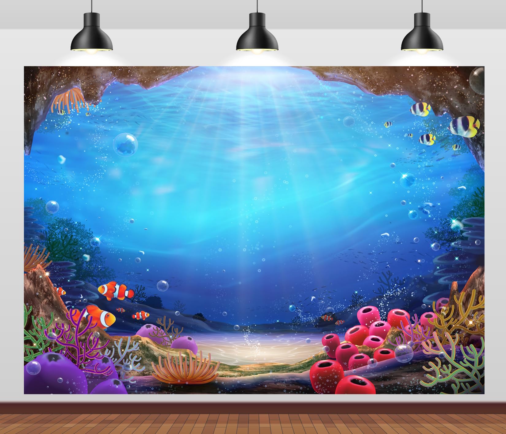 CORFOTO 8x6ft Blue Sea Underwater Backdrop Fabric Colorful Coral Reefs Marine Life Under The Sea Background for Mermaid Undersea Party Decorations