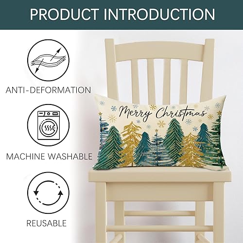 Miniatura 2 de Funda de almohada decorativa lumbar con árbol de Navidad de 12 x 20 pulgadas, rectangular, azul, verde, dorado, pinos de Navidad, copos de nieve,