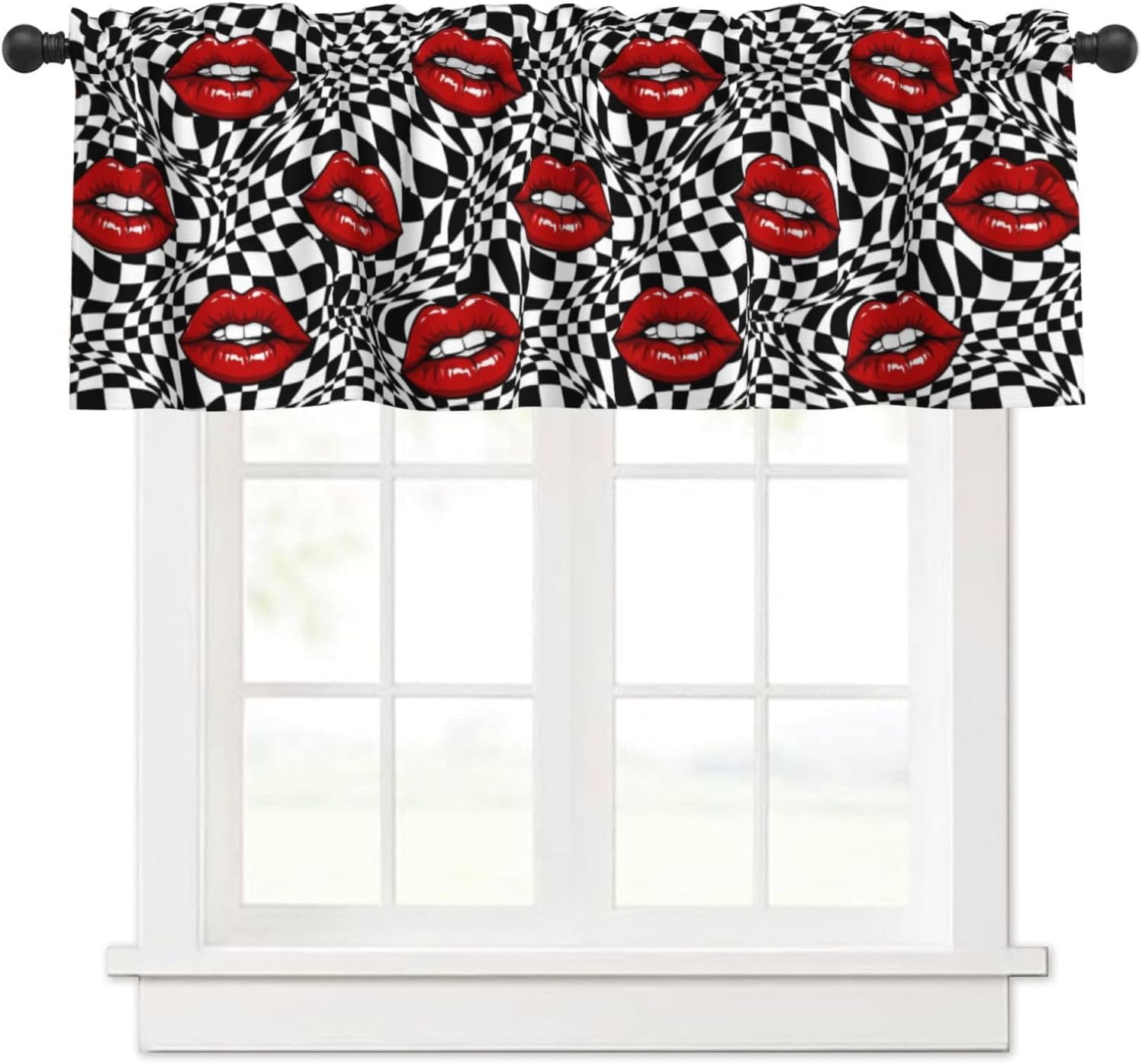 Valance for Windows Red Lips Black White Checkered Decorative Rod Pocket Kitchen Curtain Valances Short Window Valance Curtains for Living Room Bedroom Bathroom 1 Panel 54x18Inch