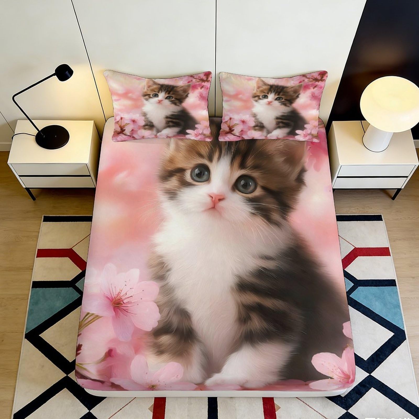 Ctjqhvmx Style-3 3D Printed Cute Kitten Fitted Sheet Microfiber Deep Pocket Bedroom Bedding Set Cat Mattress Fitted Cover Non-Slip Washable 90X200x25cm 90X200x25cm