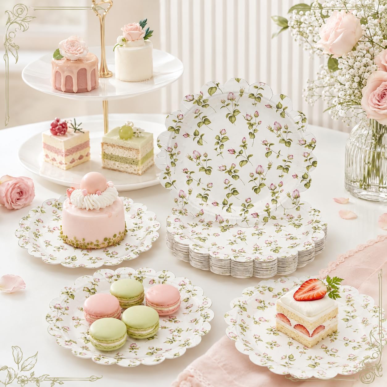Floral Paper Plates 12 Inch (24 Pack) – Scalloped Disposable Party Plates, Pink Rose Vintage Shabby Chic Dinner Plates, Heavy Duty Paper Plates for Wedding, Bridal Shower, Tea Party Supplies