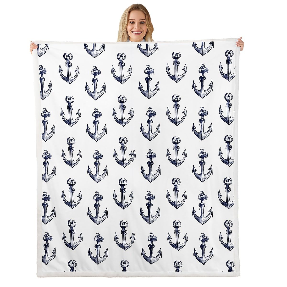 Couverture polaire grand canapé 228x228 plaid ancre marine noir et blanc chaud léger