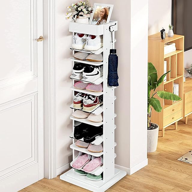 CASART 11 Tiers Shoe Rack, 123 x 34 x 34cm Freestanding 360° Rotating Shoe Storage Shelf with 2 Hooks, Space-Saving Shoe Stand Display Organiser for Entrance Hallway Corner (White)