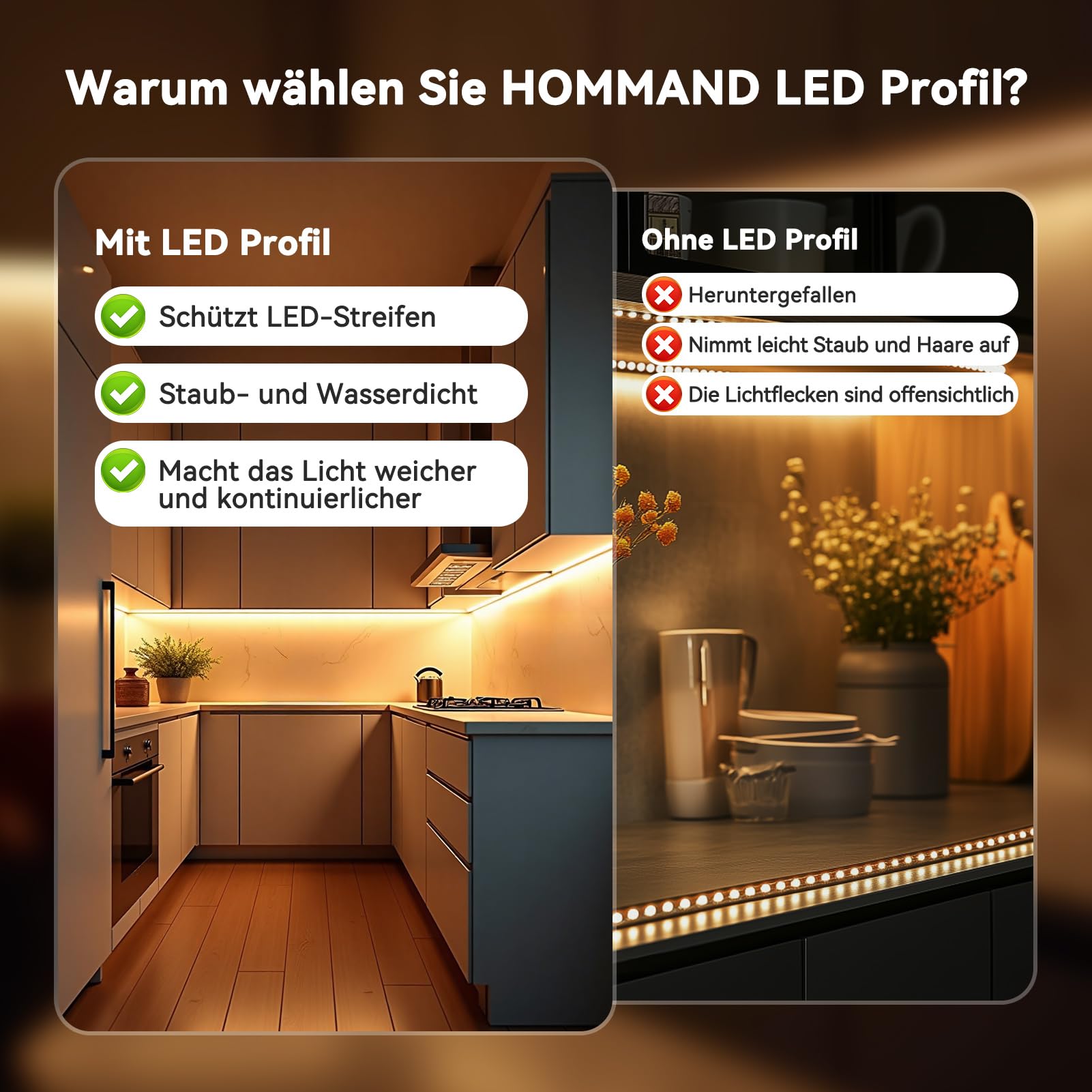 HOMMAND 6 x 1m/3,3ft LED Profil U-Form, Aluminium Kanal mit Diffusor, Eckverbinder, Klebstoff, Endkappen, Montageclips, Innenbeleuchtung, LED-Streifen-Kanal