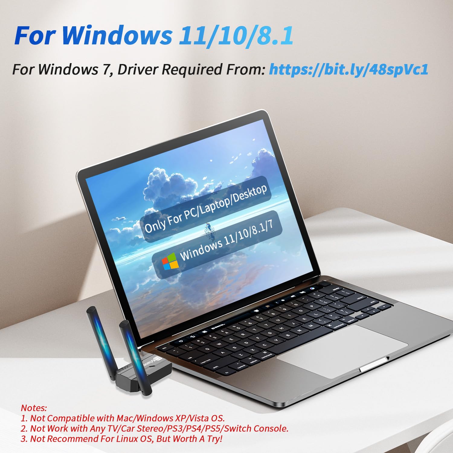 Long Range USB Bluetooth 6.0 Adapter for PC, Built-in PA Enhanced 5dBi High Gain Wireless Dongle w/Dual Antennas, Supports Windows 11/10/8.1/7 Laptop Desktop, NOT For TV, Mac, Car Stereo — view 4