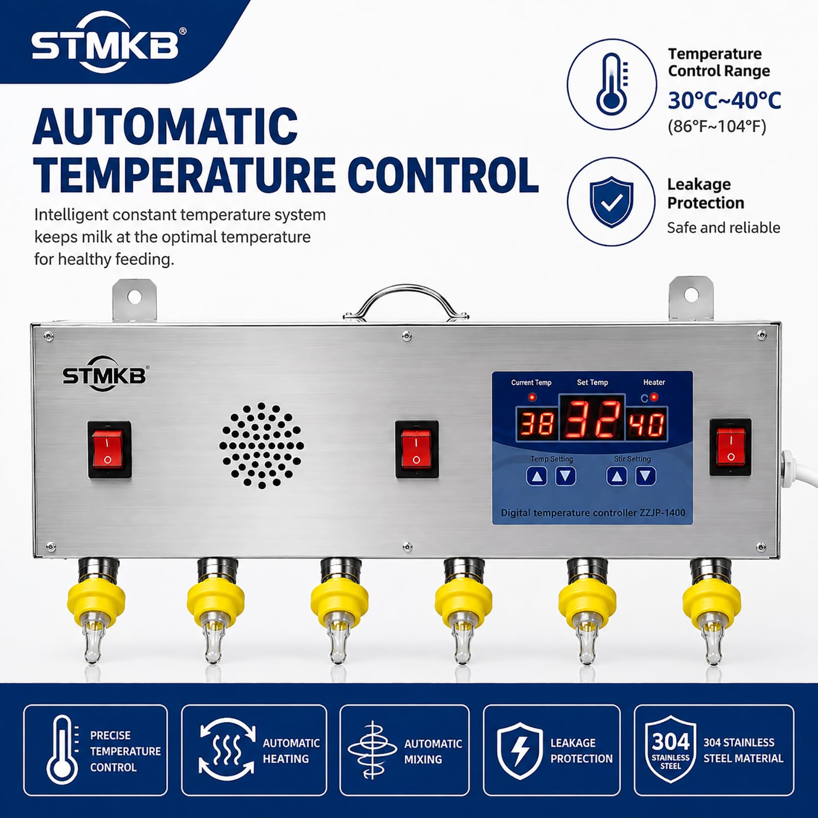 Distributore Automatico di Latte per Animali con Controllo della Temperatura, Alimentatore A Parete in Acciaio Inox A 6 Tettarelle con Pompa di Circolazione, Distributore di Latte E Acqua per