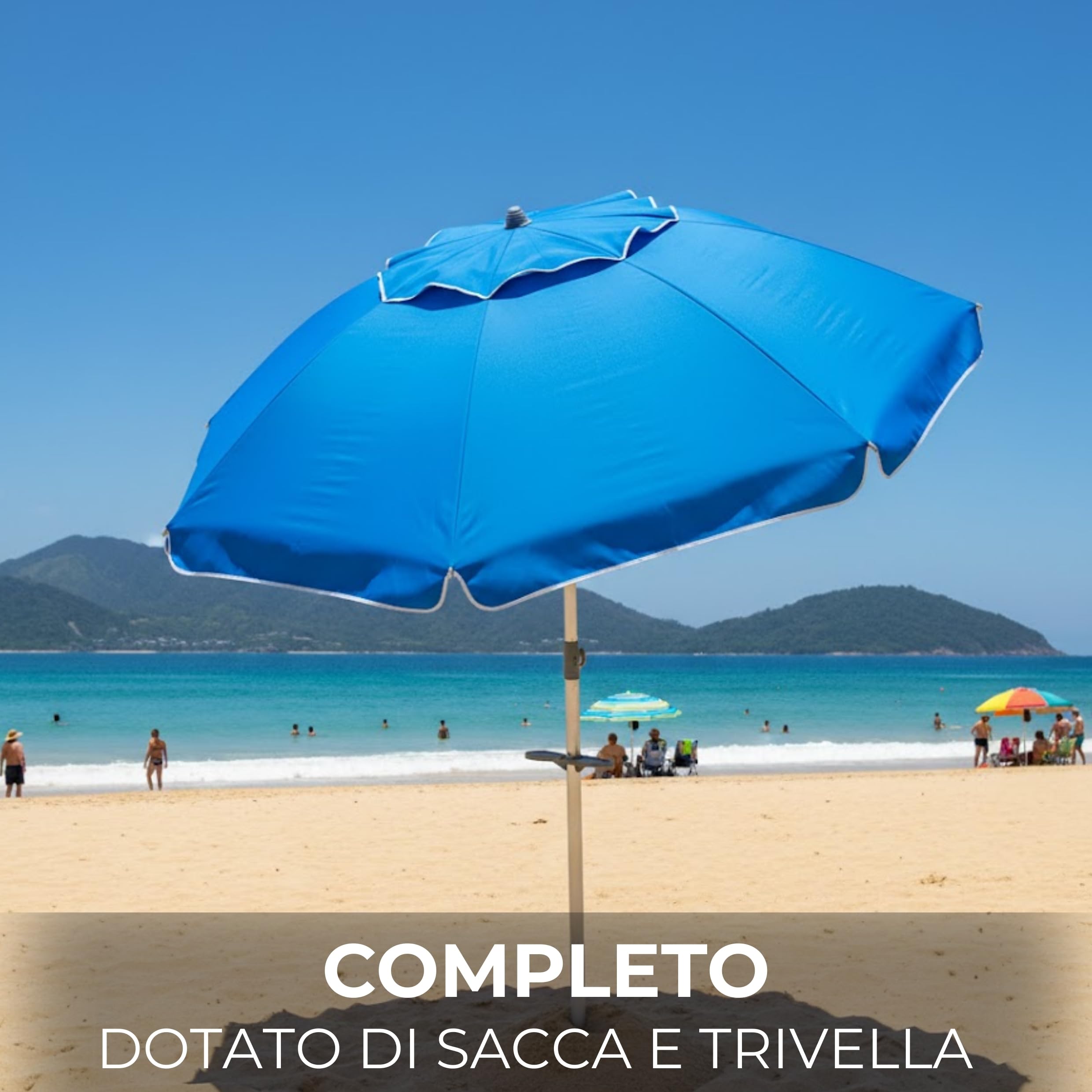 Ombrellone da Spiaggia Soffietto Antivento Ø 220cm Palo Inclinabile in Alluminio e Telo in Poliestere Azzurro Con Trivella in Plastica e Sacca Trasporto Protezione UV