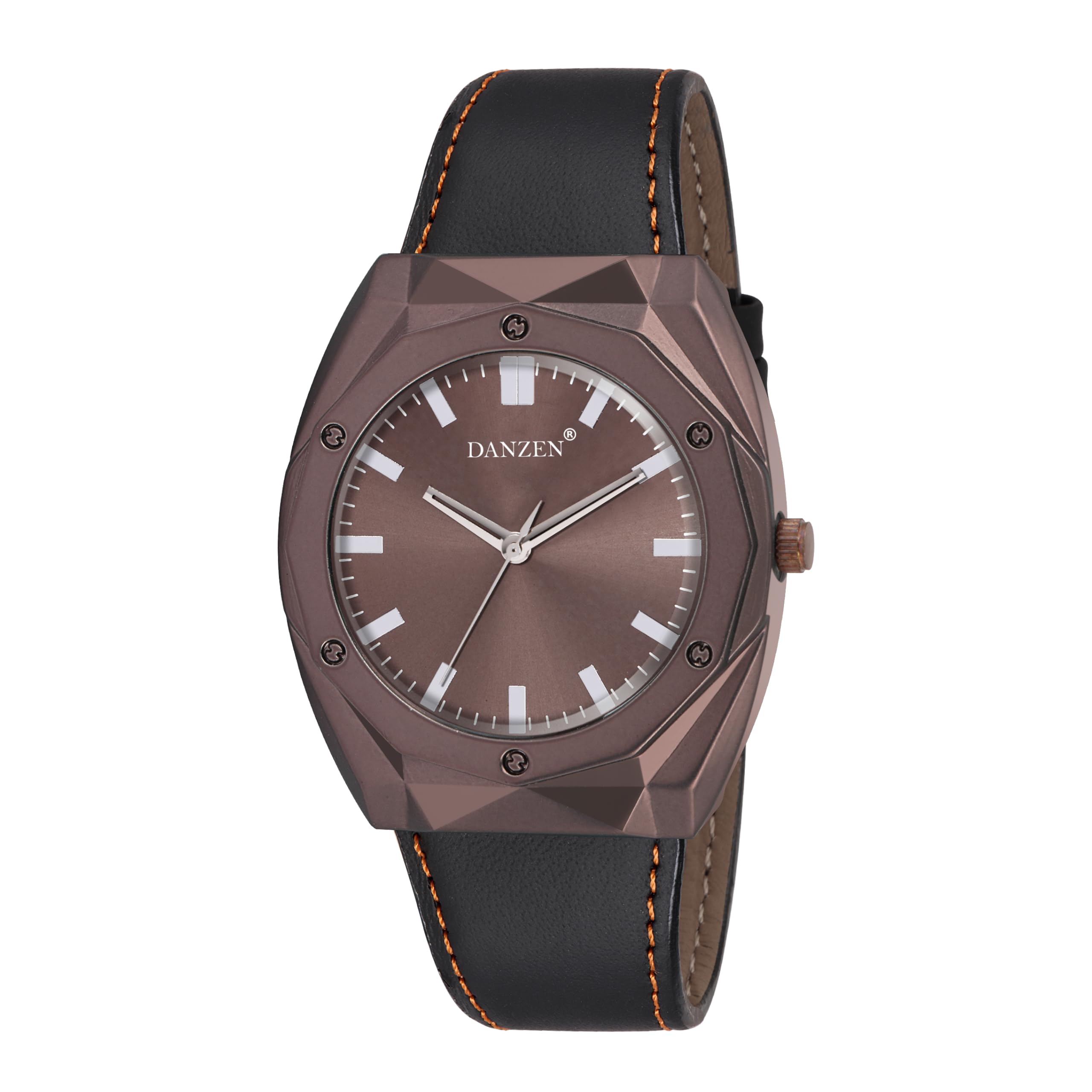 Men's Brown Analog Watch with Black Leather Strap Geometric Designer Dial Casual & Formal Wrist Watch-image-14