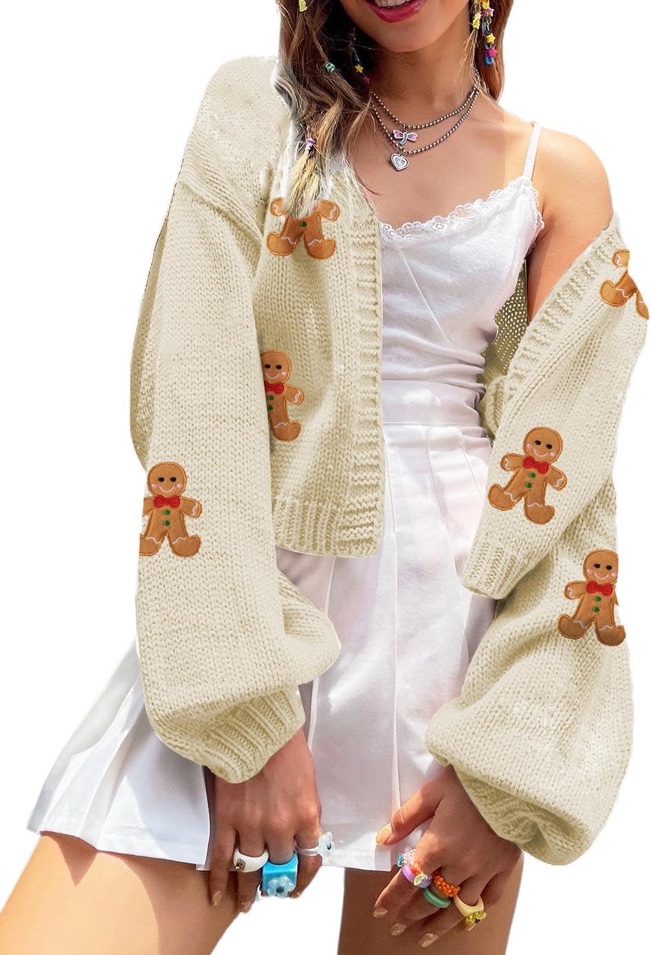 Womens Y2K Cardigan Sweaters Long Sleeve Open Front Cropped Flower Knit Cardigan Aesthetic 90s Shrug Back to College Outfits