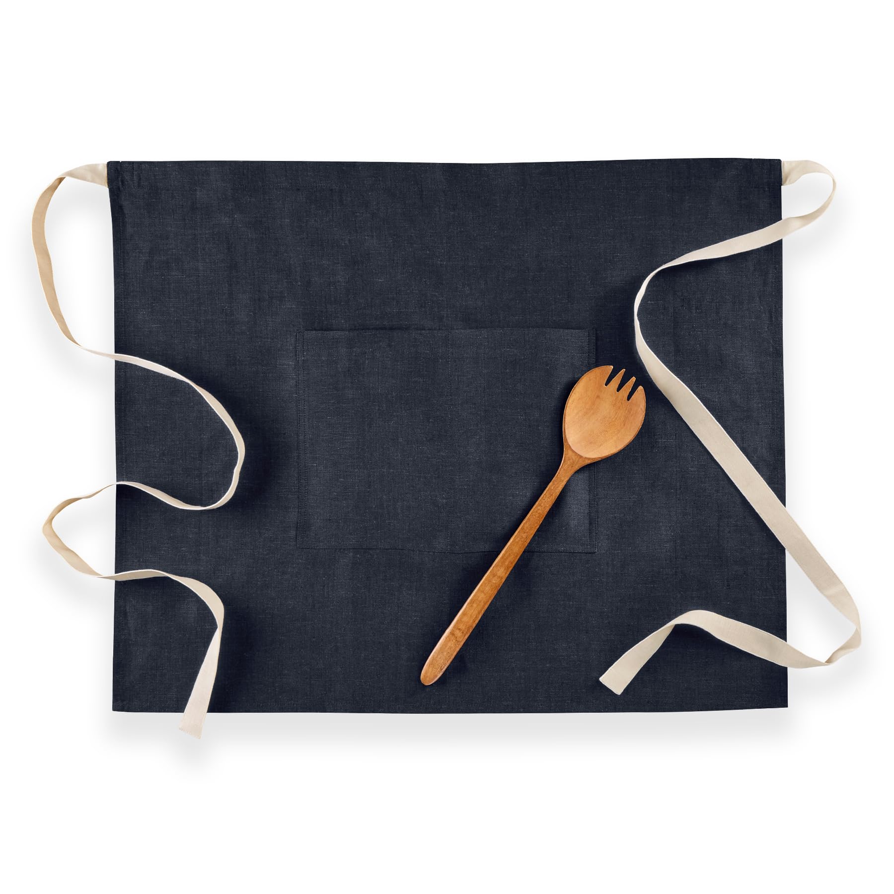Solino Home Linen Bistro Server Apron - Indigo/Ivory, Extra long ties with Pockets - 100% Pure Linen Half Apron for Men and Women - Handcrafted from European Flax - 21" L x 27" W