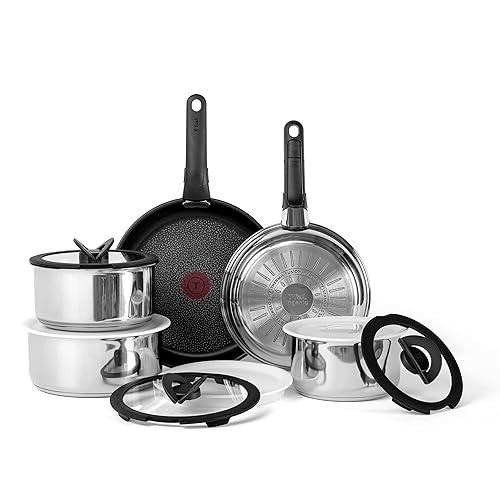 T-fal Ingenio Expertise Stainless Steel Cookware Set 13 Piece, Induction, Stackable Cookware, Pots and Pans Set, RV, Camping, Kitchen Fry Pans, Dishwasher Safe, Detachable/Removable Handle, Silver