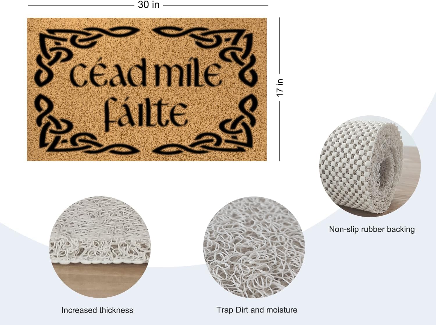 Cead Mile Failte Welcome Door Mat,Irish Welcome Outside Door Mats Rug,Non Slip Doormat for Porch Indoor Outdoor Entrance Kitchen,30x17 Inches