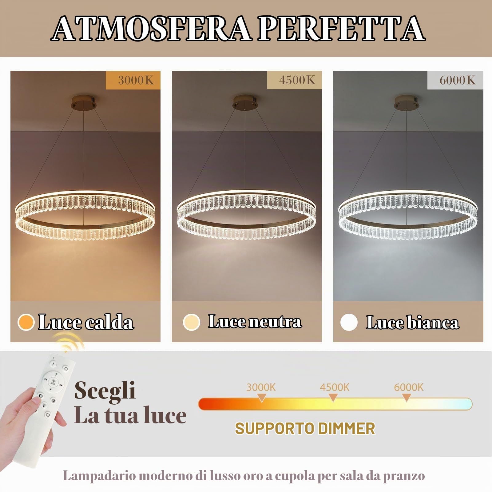 Lampadario Di Cristallo D'Oro,60Cm Rotonda Lampadario Led,Moderno Lampadari Cucina 3000K-6000K Dimmable Luce,Lampadari Sospensione Per Camera Da Letto Cucina Hall,30W