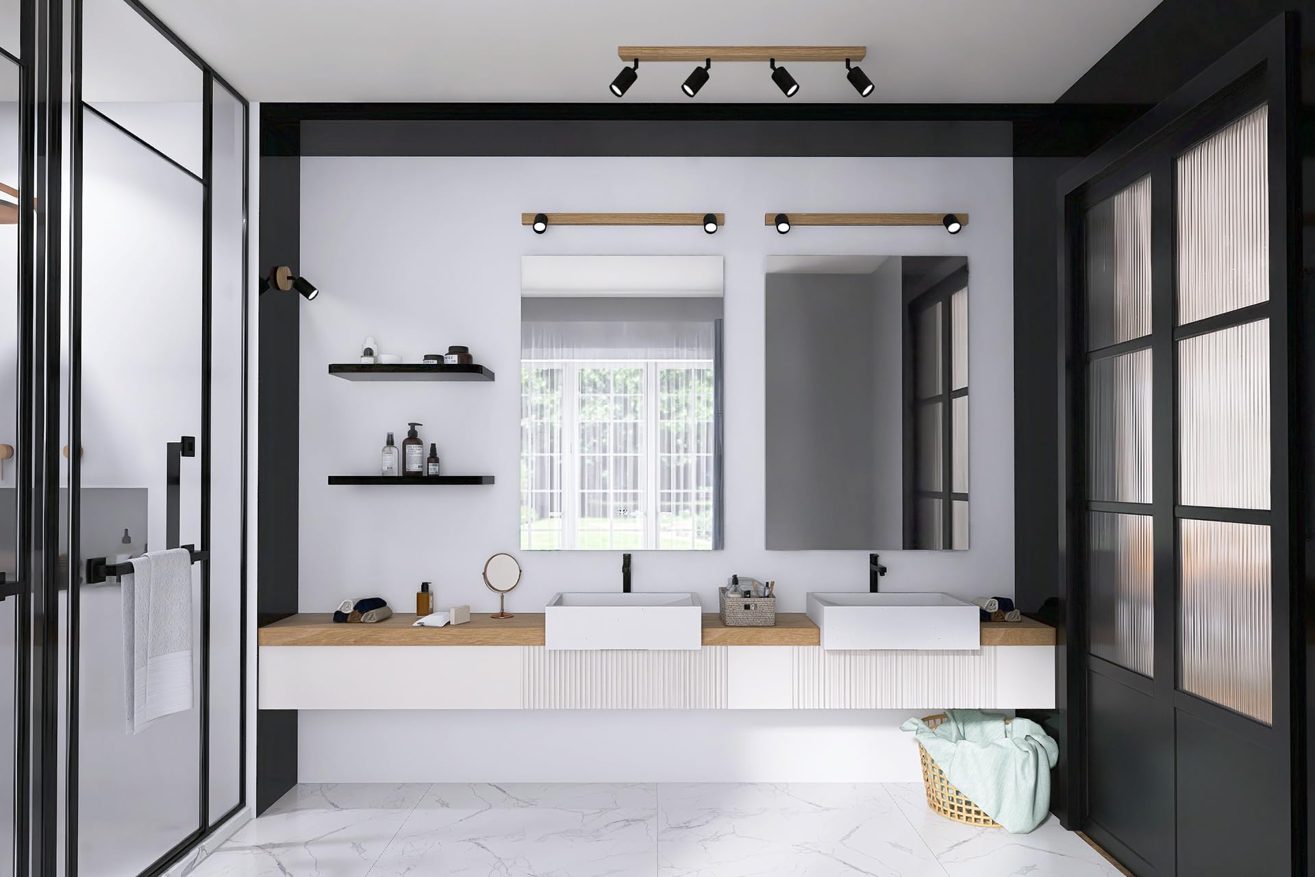 LED Wood Obrotowy reflektor sufitowy na 3 żarówki - Ręcznie robiona nowoczesna lampa sufitowa z dębu - Lampka sufitowa ze strumieniami światła GU10 do salonu (bez żarówki) - Długość 60 cm