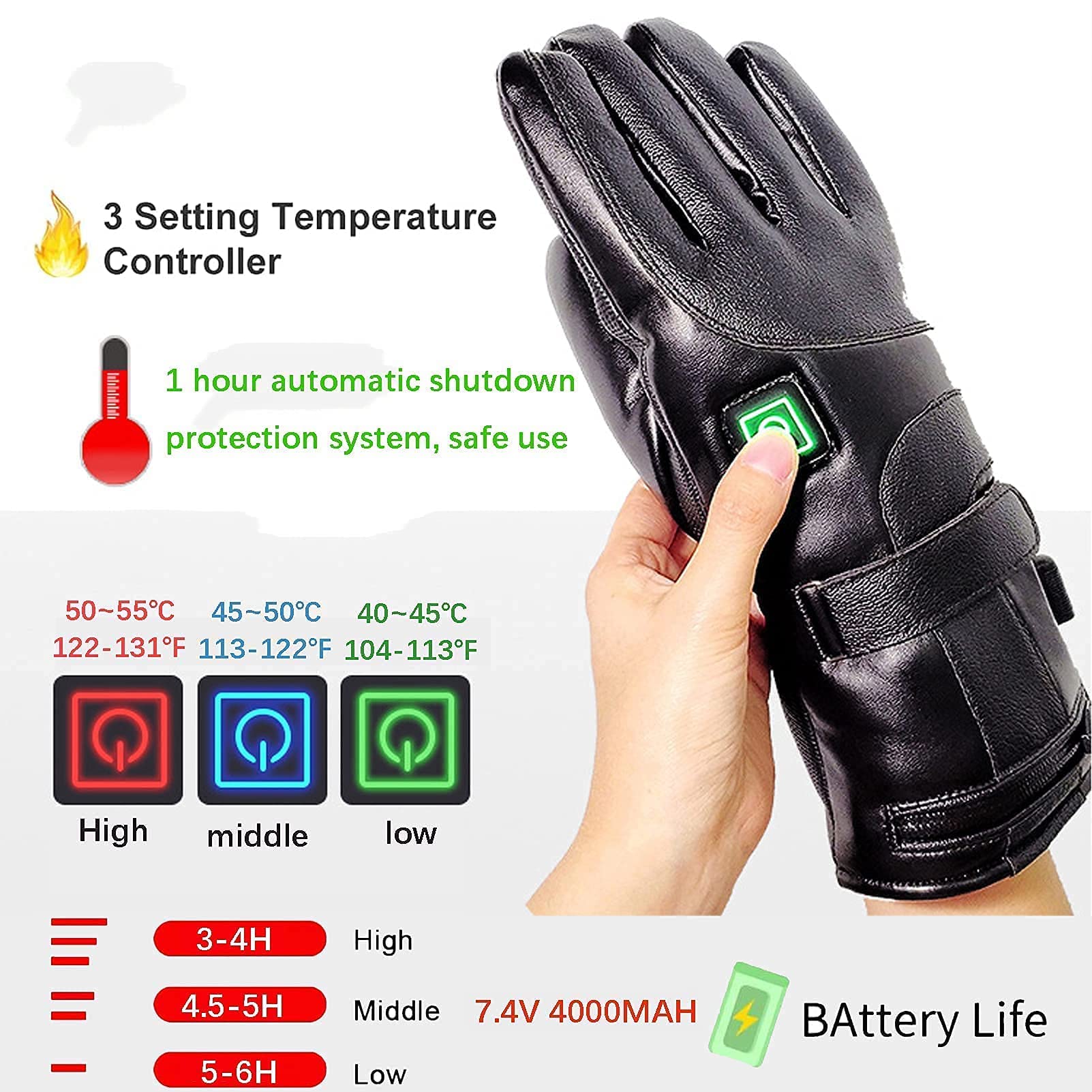Guantes térmicos, 7.4V 4000mAh Batería Recargable Guantes térmicos eléctricos para Hombres Mujeres Guantes térmicos para Motocicleta Pantalla táctil Impermeable para Deportes Esquí