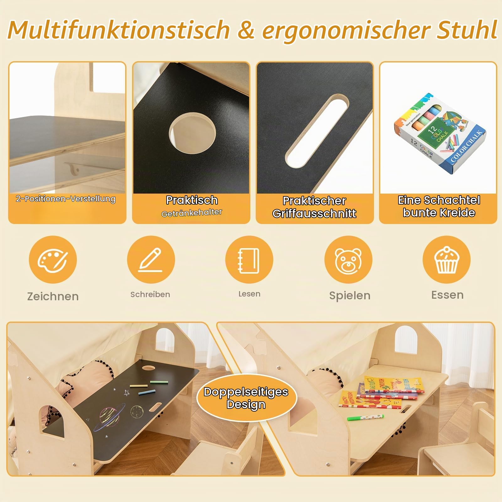 HOMASIS 6 in 1 Kinderzelt Indoor, Spielzelt mit Kindertisch & Stuhl, Kinder Spielhaus mit Matte & Tafel & Aufbewahrungsbox, Kinderspielhaus aus Holz für Kinder ab 2 Jahren (Mit 6 Boxen)