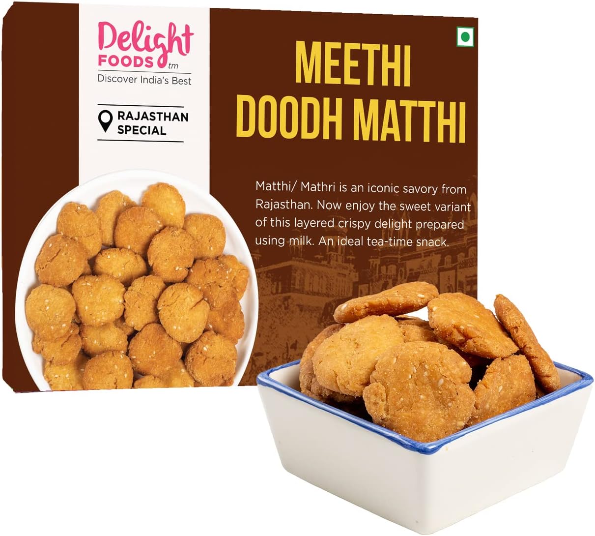 Delight Foods Meethi Doodh Mathri (300g) | Milk Mathri | Ready to Eat Evening Tea Time Snacks | Healthy | Crispy Indian Sweet Snacks
