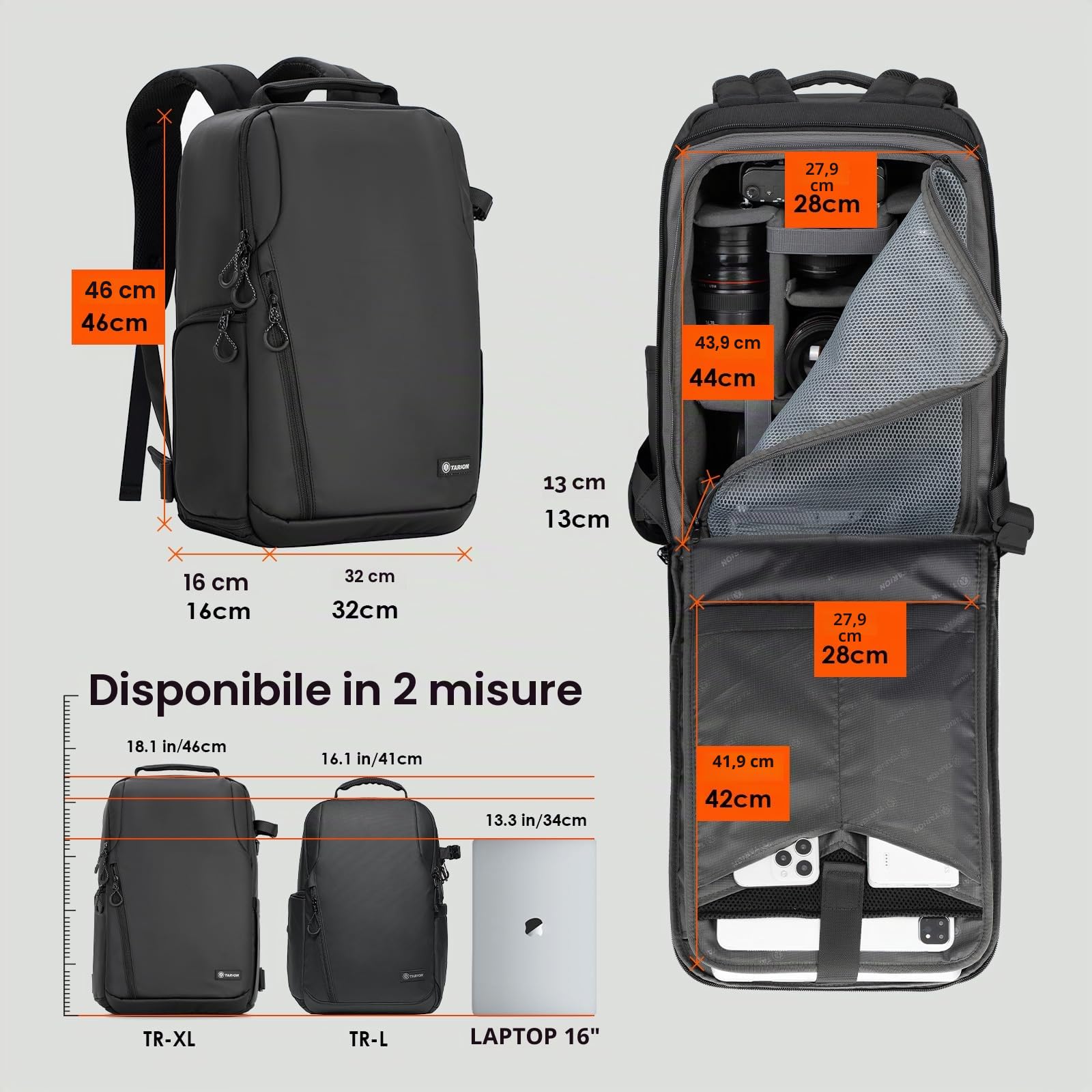 TARION Zaino Fotografico Grande Capacità: Zaino Impermeabile per Fotocamera Con Scomparto per Laptop da 16'' Borsa Fotografica Con Copertura Antipioggia TR-XL(Nero)