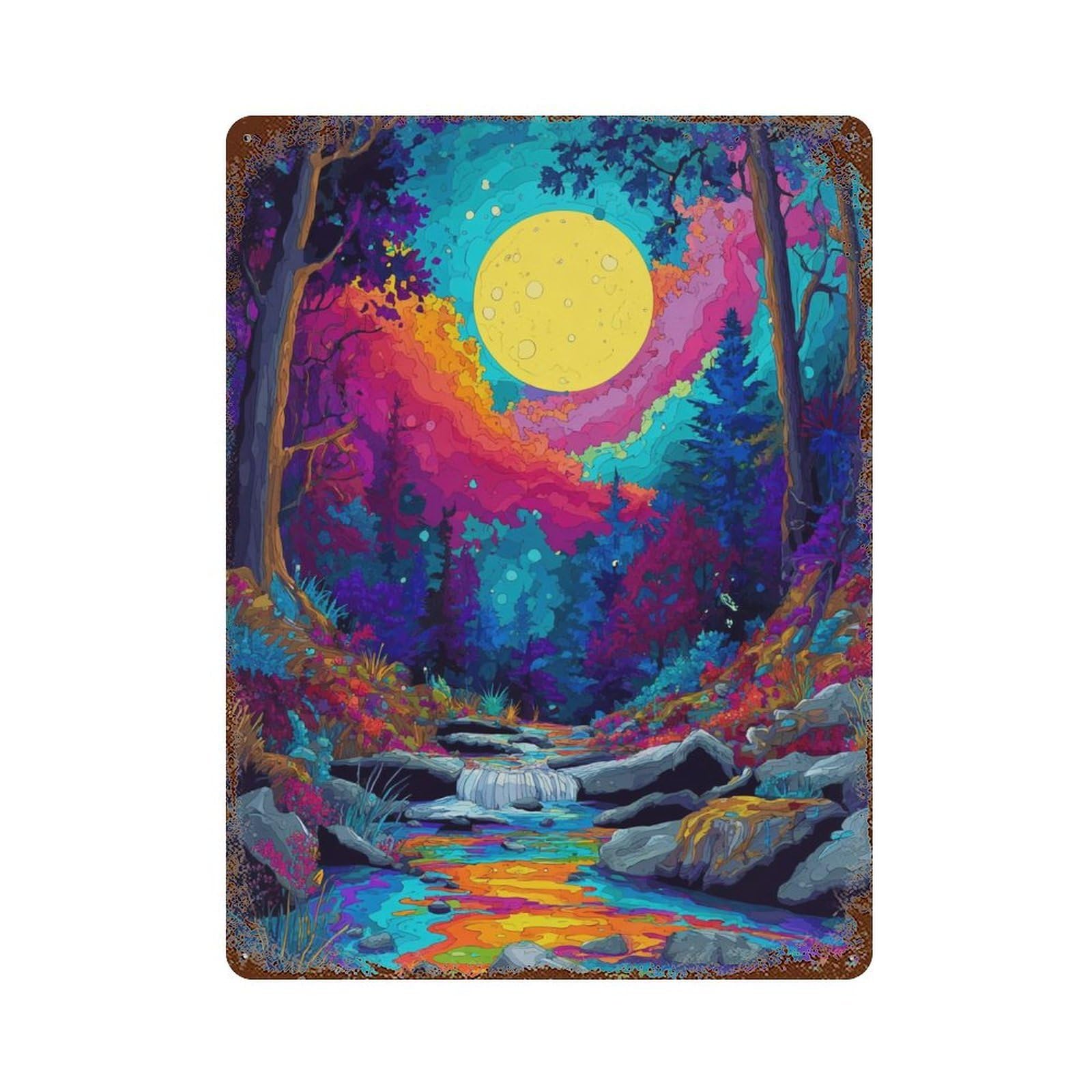Colorful Forest Moonlit Stream Aged Metal Wall Plaque 15.7"x11.8", for Basement, Hobby Room And Garage Decor, Rustic Home Decor
