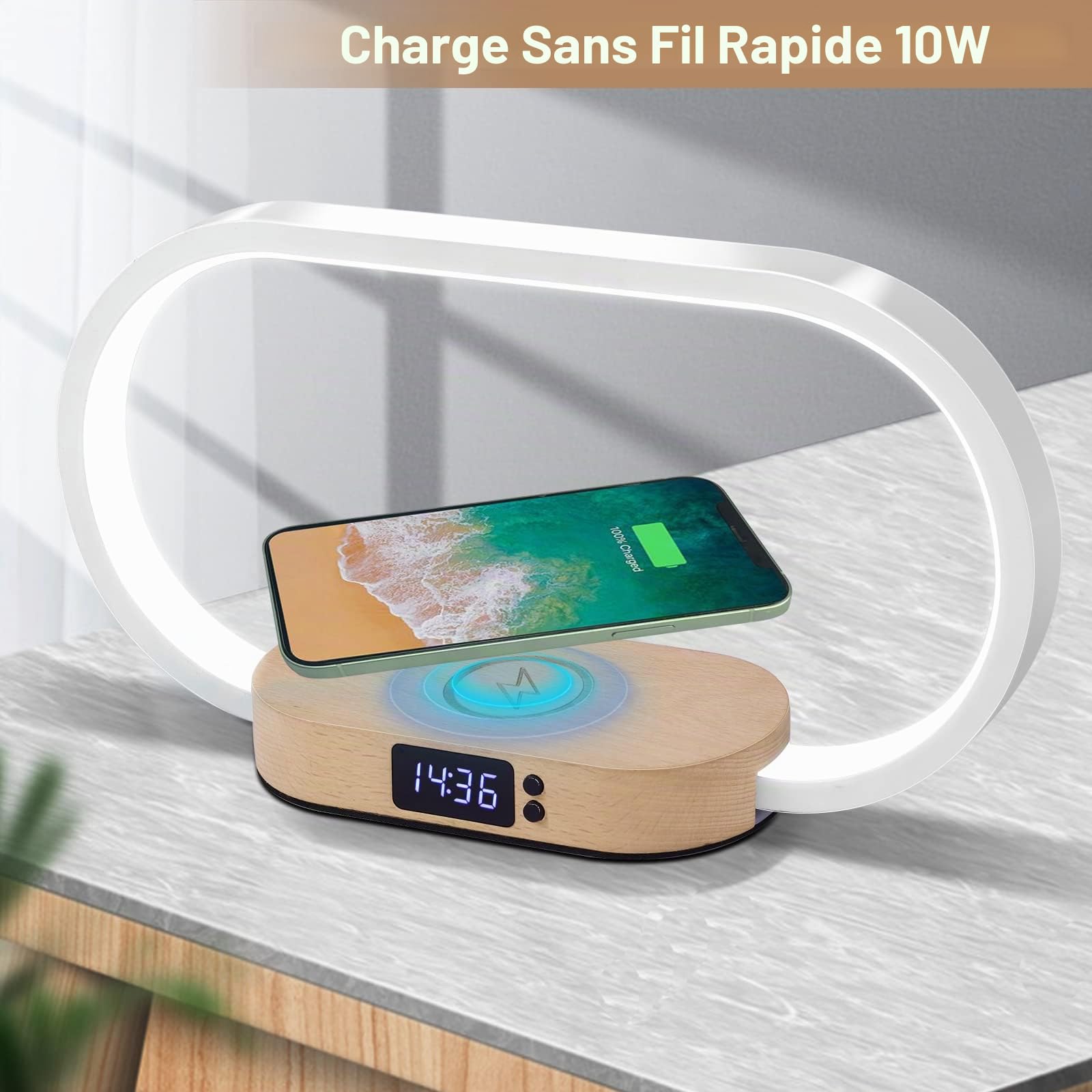 Lampe de Chevet Chargeur sans Fil 15W, Lampe Chevet Bois avec Horloge et Port USB, Lampe de Table Tactile Dimmable avec 3 Modes de Couleur pour Lecture Chambre Bureau, Bois&Blanc