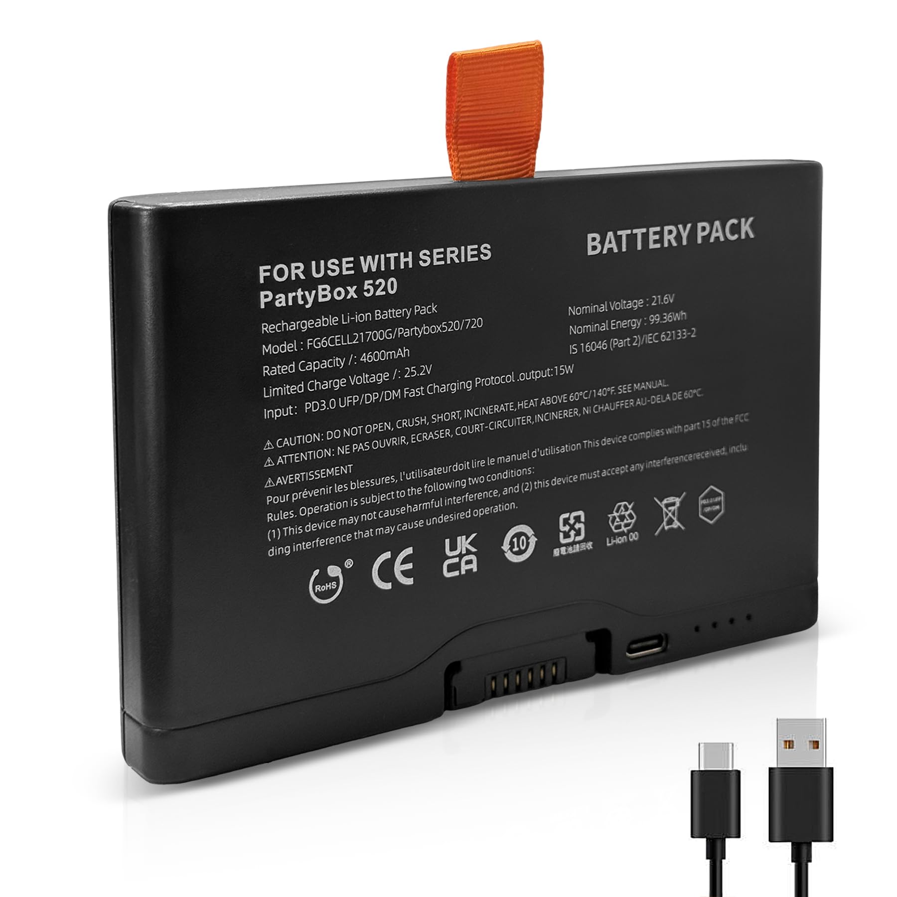 Batteria di ricambio da 4600 mAh con funzione di ricarica rapida di tipo C, adatta per JBL PartyBox 520/720 e Boombox 4, compatibile con FG6CELL21700G (Battery 600), alta capacità e facile