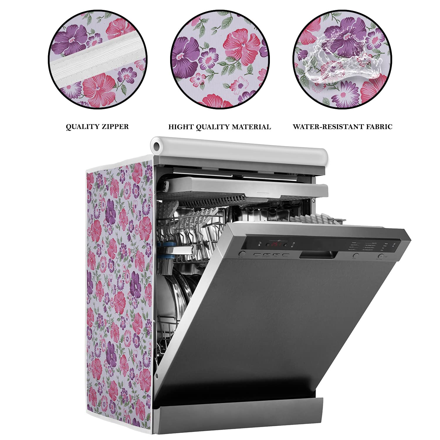 Classic® Dishwasher Cover Suitable for Bosch of 12, 13, 14 and 15 Place Setting (63cmsX63cmsX81cms, White & Pink Flower)