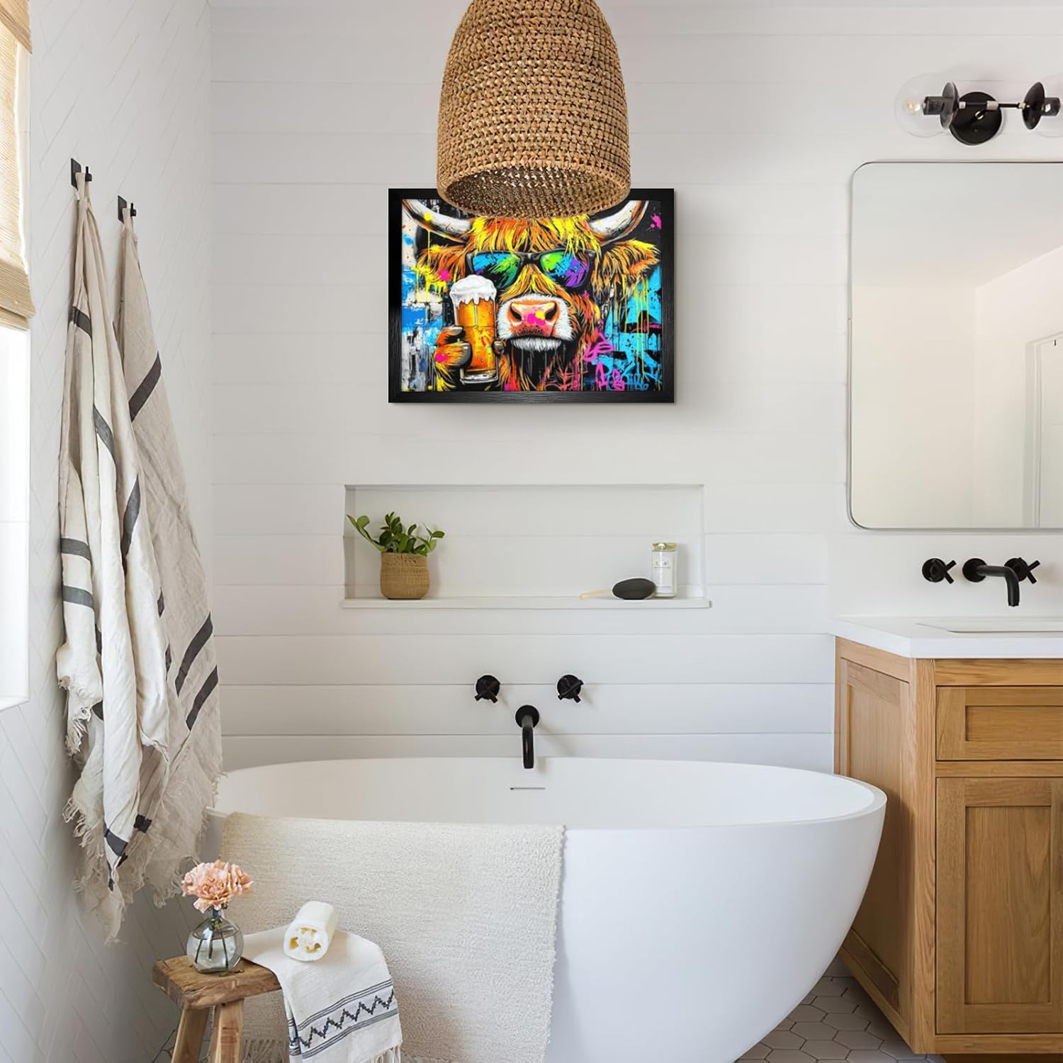 Framed Funny Highland Cow Kitchen Canvas Wall Art Graffiti Rustic Cow Bathroom Picture Wall Decor Farmhouse Western Animal Cattle Picture Bathroom Painting Watercolor Artwork Kitchen Home12x16 inch