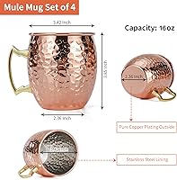 Vista 3 de Juego de tazas para cóctel Moscow Mule de Amrules, conjunto de 4 tazas de 16 onzas. Tazas de cobre martillado con revestimiento de acero inoxidable