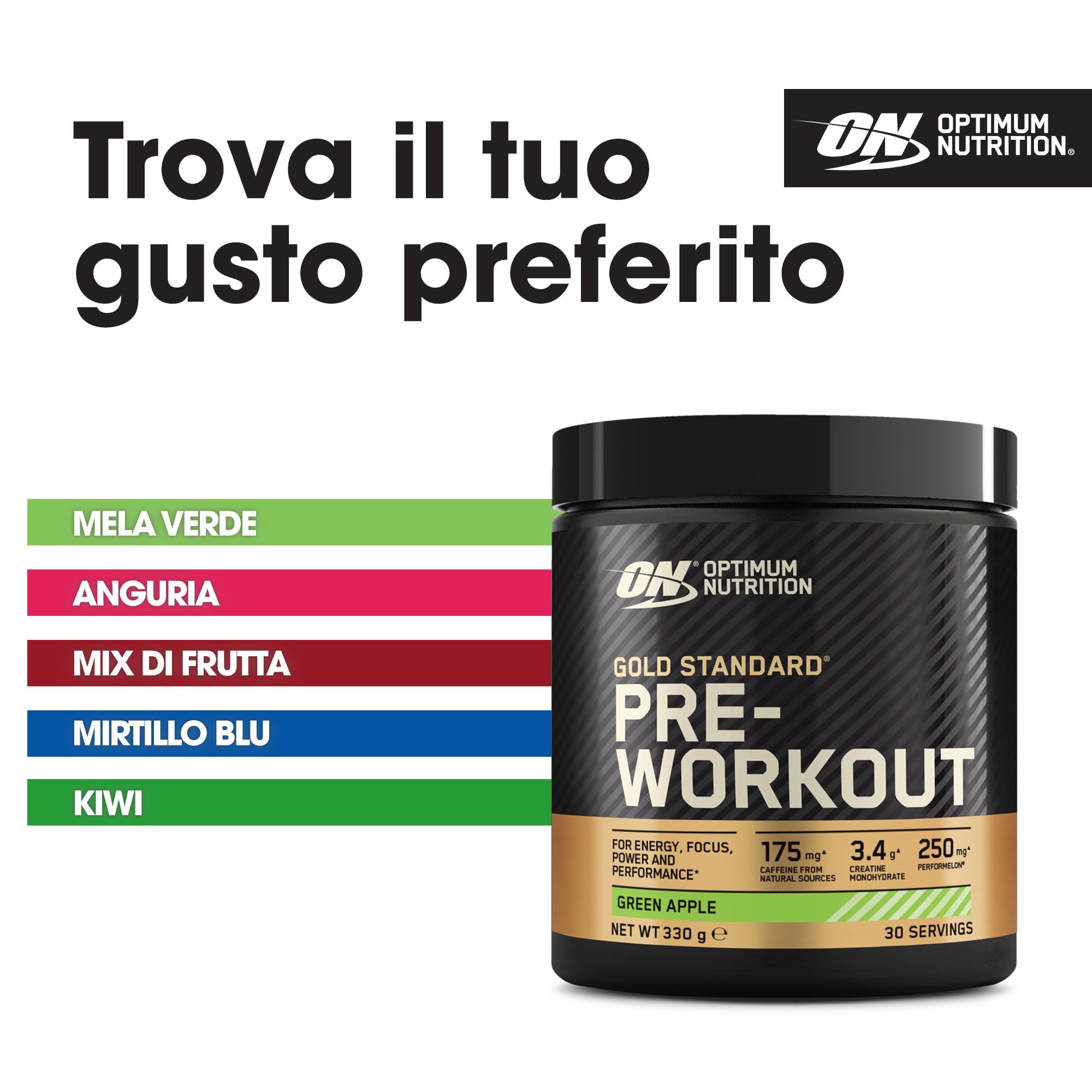 Optimum Nutrition Gold Standard Pre-Workout in Polvere, Bevanda Energetica Gusto Mela Verde, 330g, 30 Porzioni