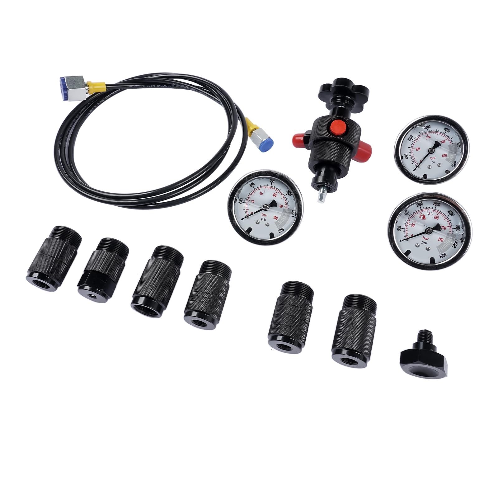 Zestaw do ładowania hydraulicznego akumulatora azotowego, zestaw do pomiaru ciśnienia azotu z 3 manometrami 1300, 3500, 5500 psi i 6 adapterami, wąż gazowy i korpus zaworu głównego, zestaw do napeł