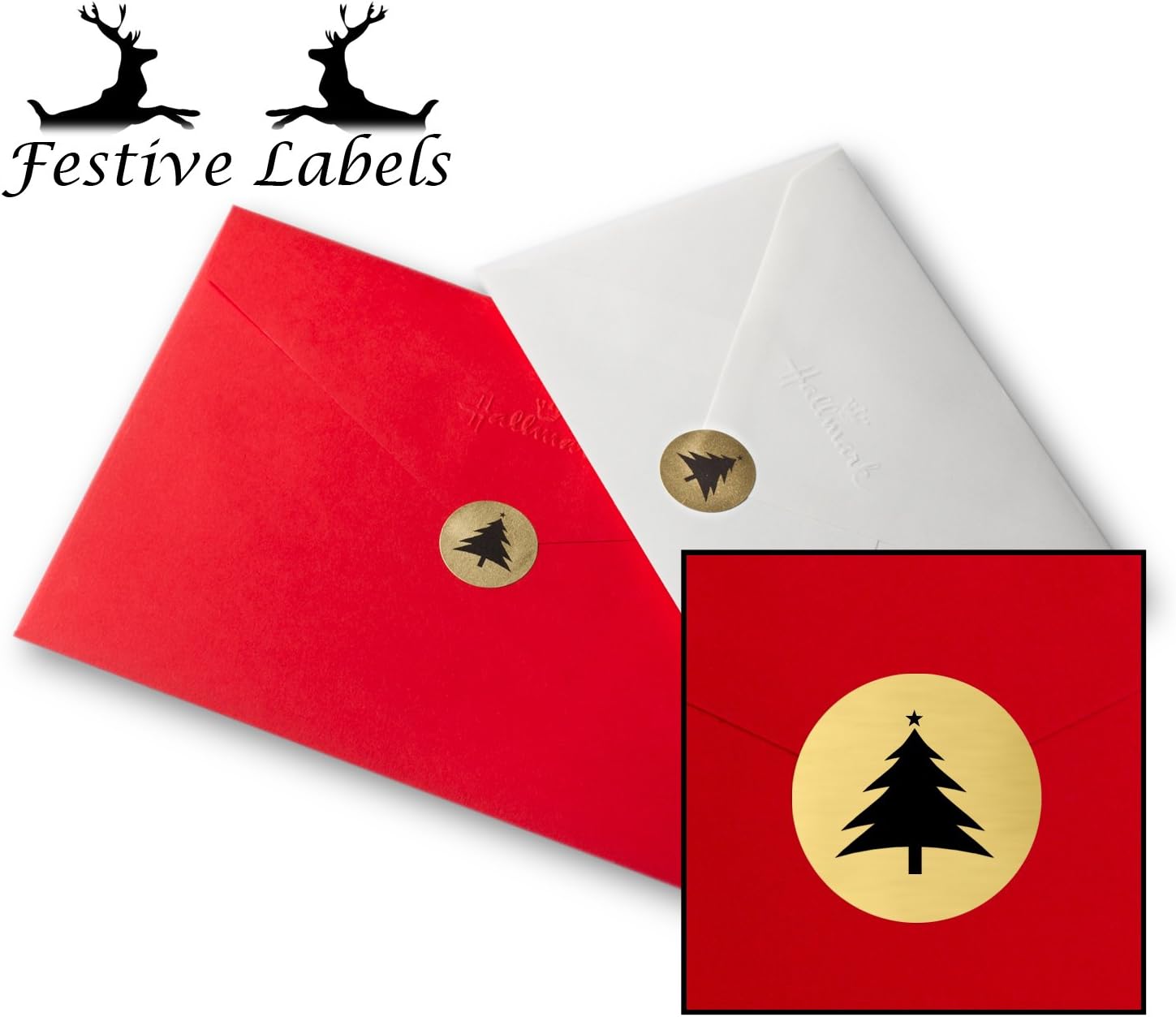140x Round Metallic Gold Card Envelope Seals, Festive Labels โChristmas Treeโ 25mm Diameter Circular Permanent Self-Adhesive Golden Printed Stickers, UK FLESG1 For Xmas Greeting Cards/Bags/Gift Wrapping Presents