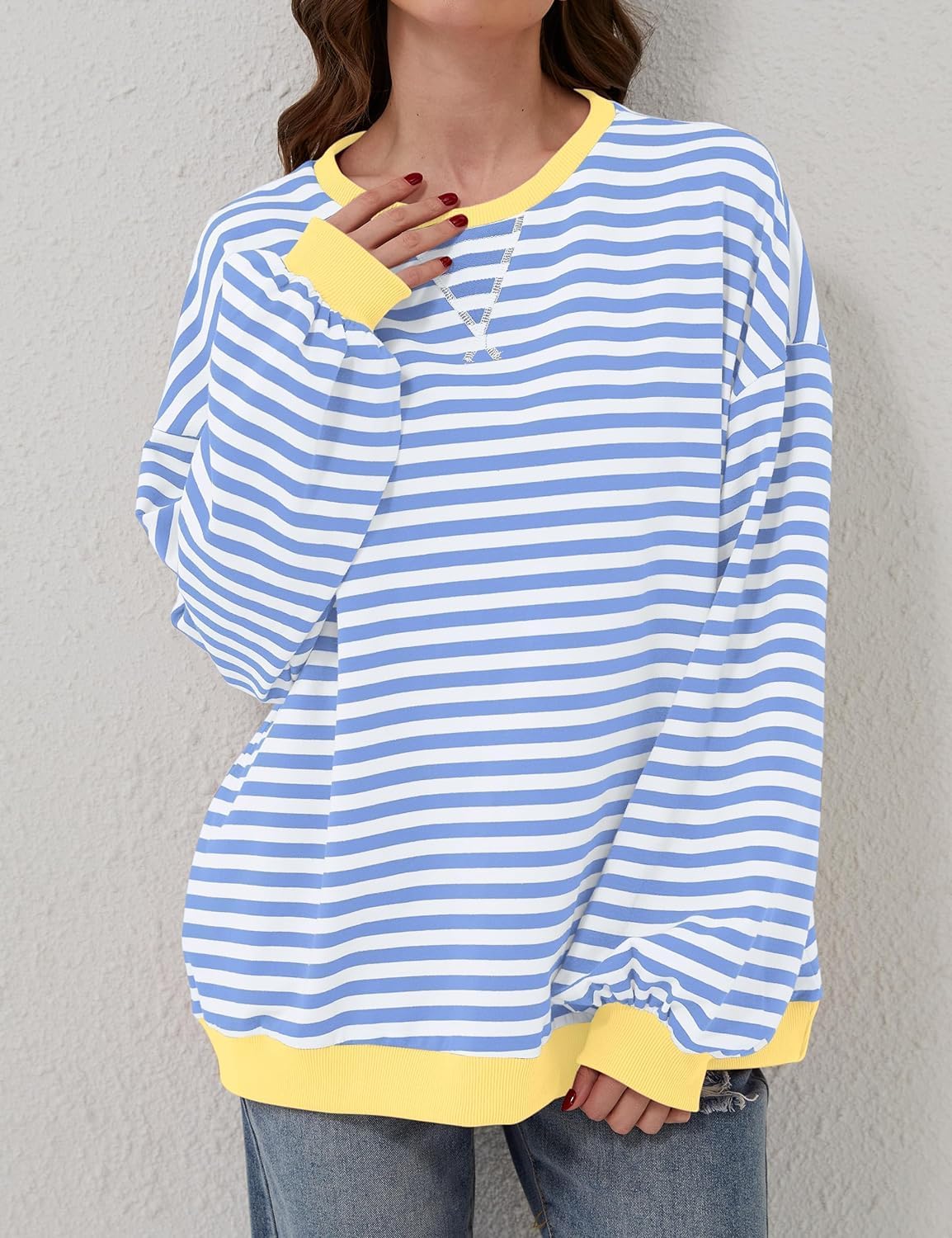 Womens Oversized Striped Sweatshirt Color Block Long Sleeve Shirt Crewneck Pullover Striped Sweater Y2k Clothes - Image 3