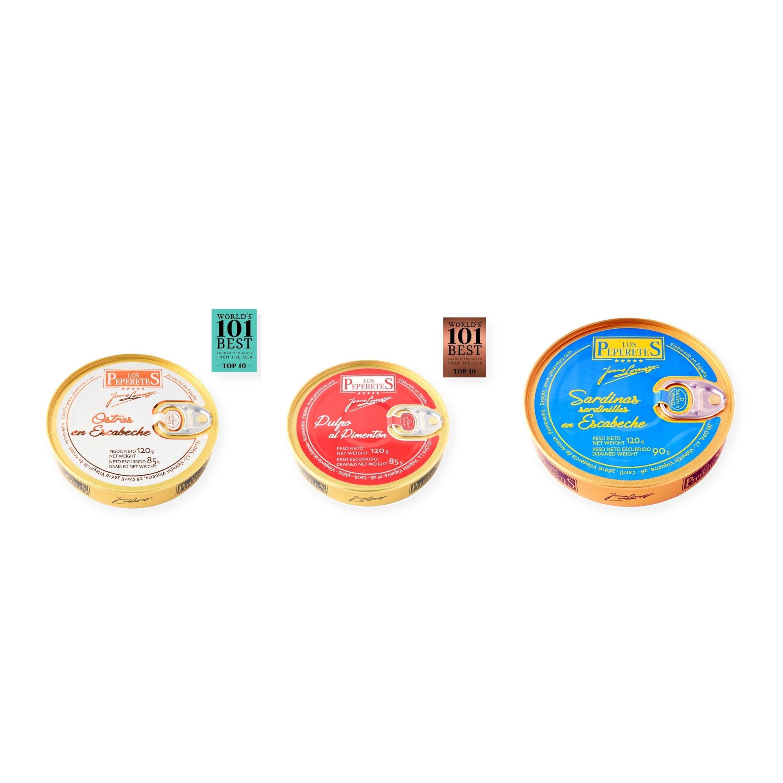 los peperetes conservas Ostras Escabeche, Pulpo Pimentón y Sardinillas Escabeche pack 3 latas