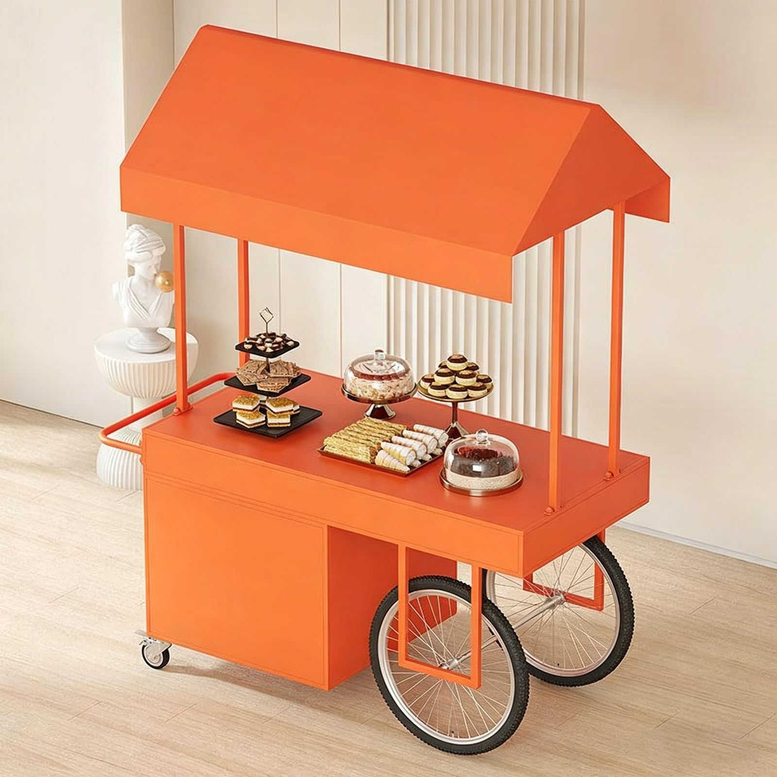 Mobiler Verkaufswagen Outdoor mit Dach, Imbisswagen mit Schublade und Schrank, Street Food Wagen für Markt, Eisverkauf und Events(Orange)