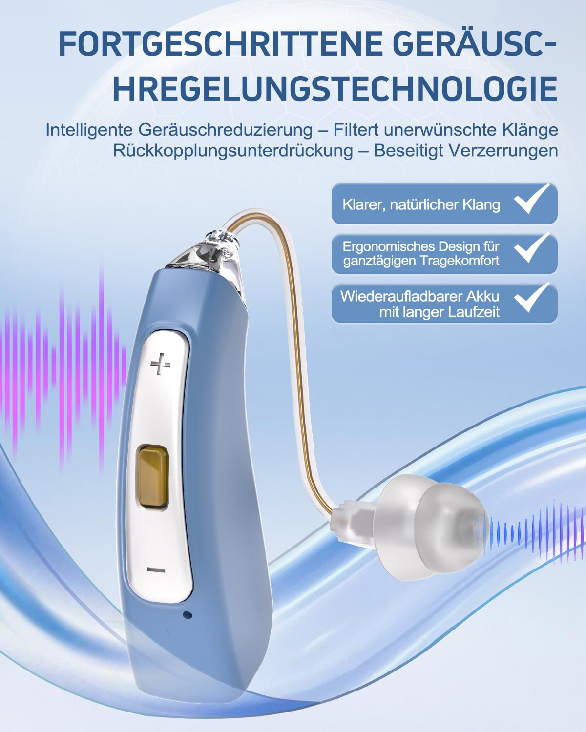 Dispositivo audio ricaricabile con filtro antirumore – 30 ore di autonomia – Dispositivo audio discreto per anziani – Facile da usare