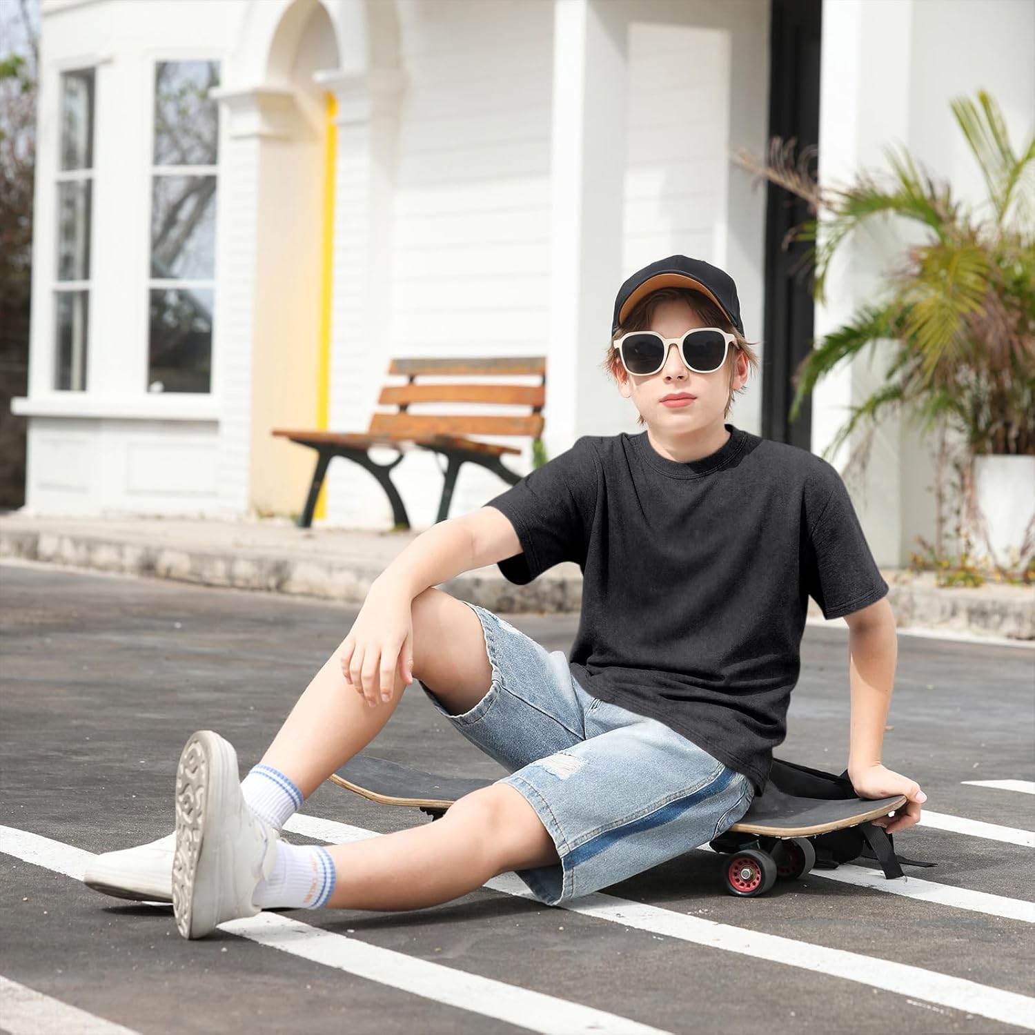 Fkatuzi Boys Oversized Acid Wash Tshirt Kids Blank Vintage Shirt Summer Cotton Unisex Basic Plain T Shirt Tops - Image 5