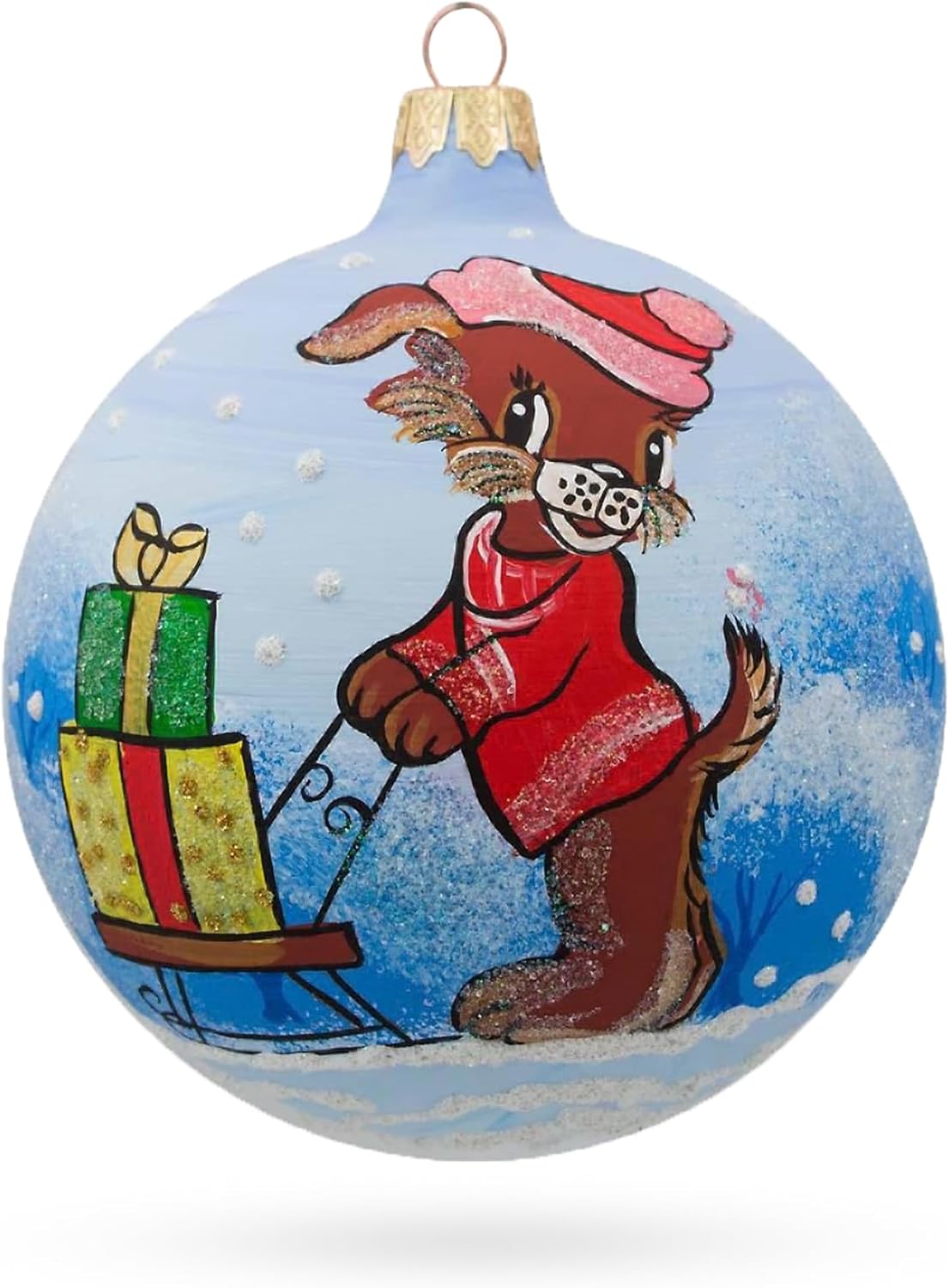 Dog Delivering on Sleigh Glass Ball Christmas Ornament 4 Inches