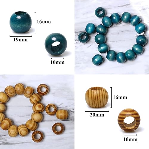 Miniatura 4 de 50 cuentas de madera con agujero grande para manualidades de macramé, cuentas de madera sueltas redondas a rayas azules a granel con agujero de