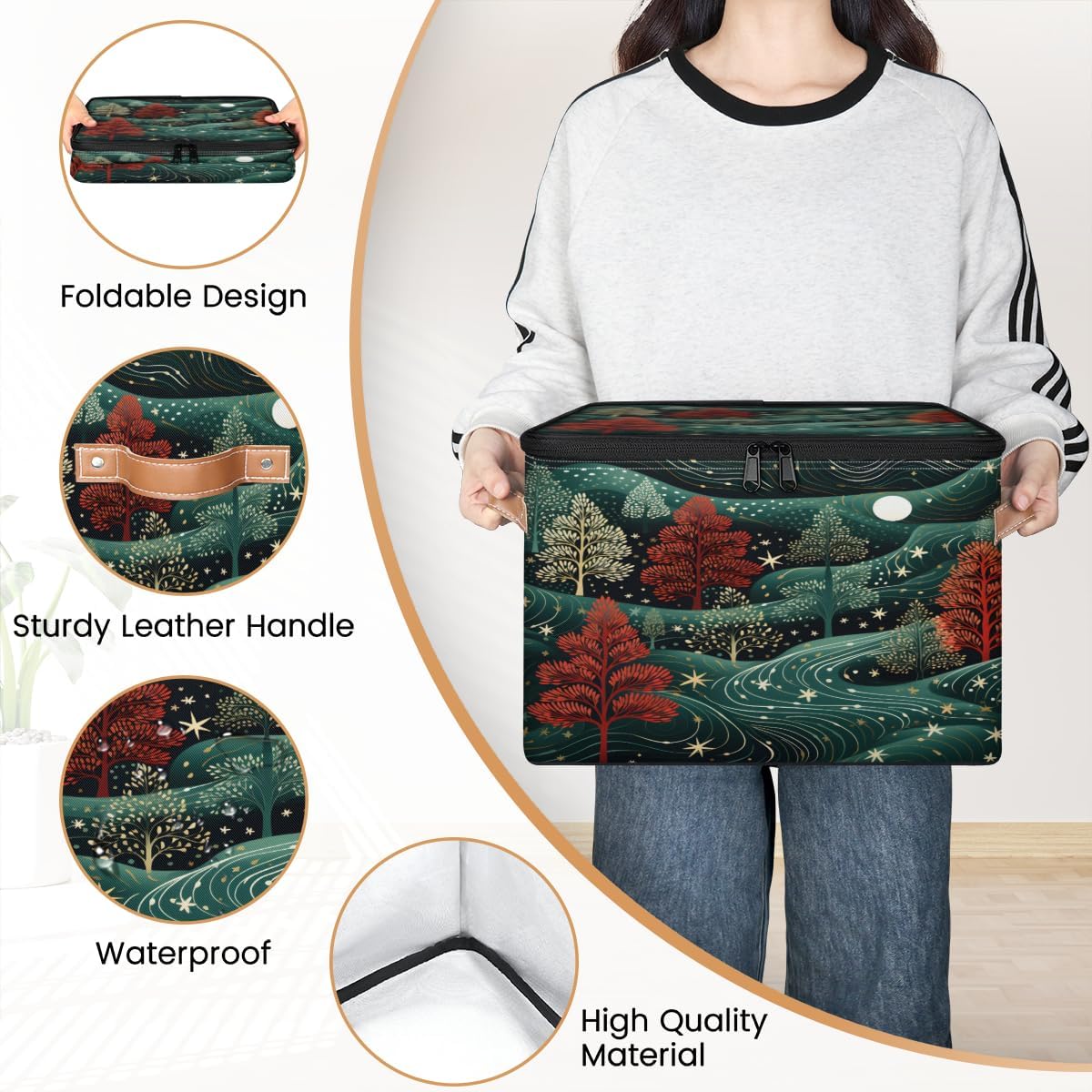 Storage Bin Set of 2 Night Forest Storage Basket with Zipper Lid & Handle Foldable Closet Shelf 2 Pack Cloth Organizer Basket Cube Bins Clothes Organizer for Nursery, Bedroom