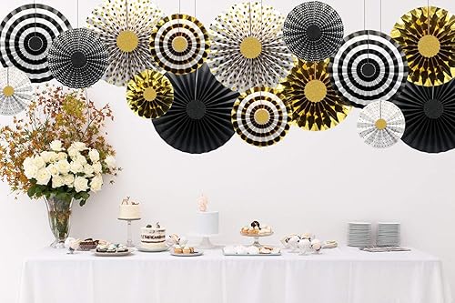 Miniatura 3 de Abanicos de papel colgantes negros y dorados para decoración de graduación, suministros de fiesta de fiesta, juego de 8