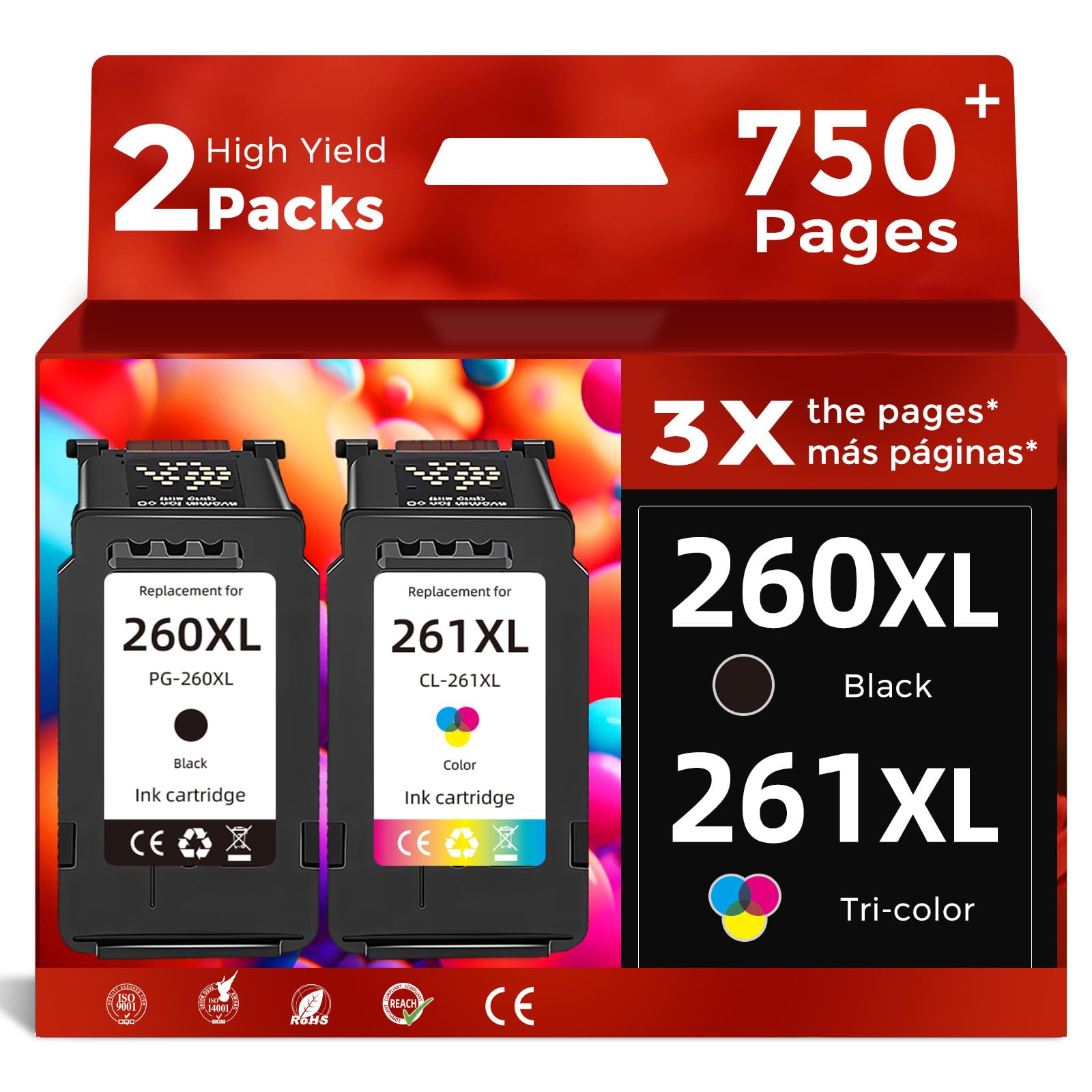 PG-260 CL-261 XL Ink Cartridge Compatible Replacement for Canon 260XL 261XL(Black Tri-Color Combo Pack)Work for Cannon Pixma TS6420 TS6400 TR7020a