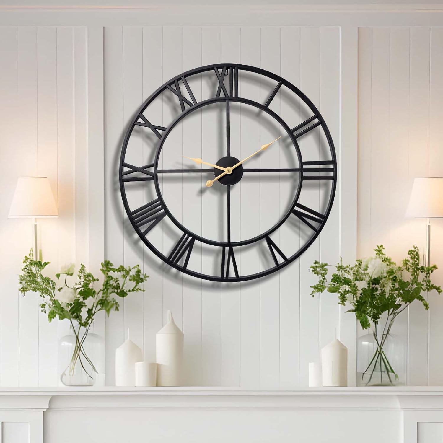 Vantic 32 Inch Large Wall Clock, Roman Numeral Metal Oversized Wall Clocks for Living Room Decor, Bedroom and Kitchen, Completely Silent, Non Ticking, Battery Operated Black-roman 32 inch
