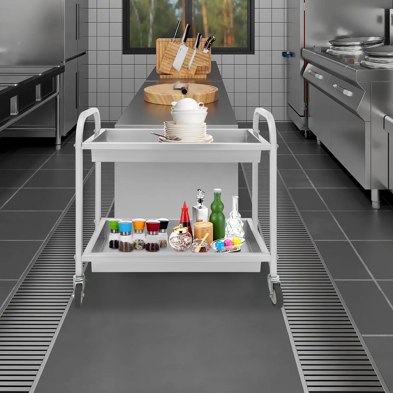 Carro de servicio con ruedas de 2 Davon, carro de cocina de acero inoxidable 201 con 2 niveles, carro de bar hasta 75 kg, clásico y duradero, carrito para servicio y personal de cocina, 85